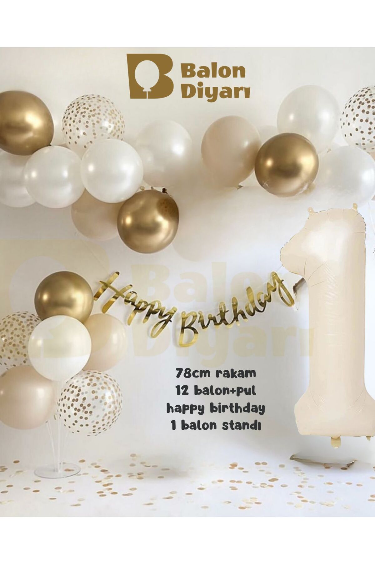 1 yaş Folyo 12 balon banner 7li stand elit doğum günü seti