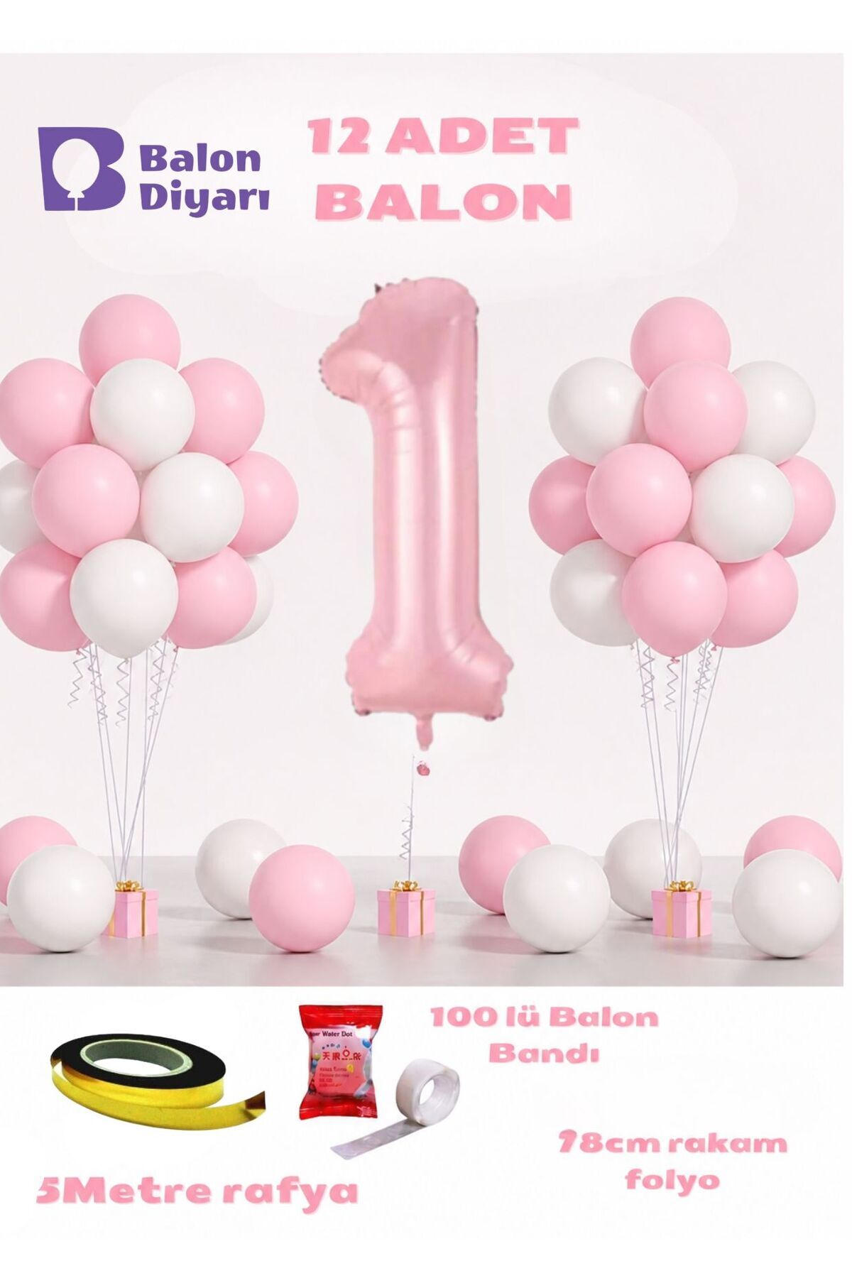 1 Yaş Pembe Doğum Günü Balon Seti 78cm balon bandı rafyası dahil