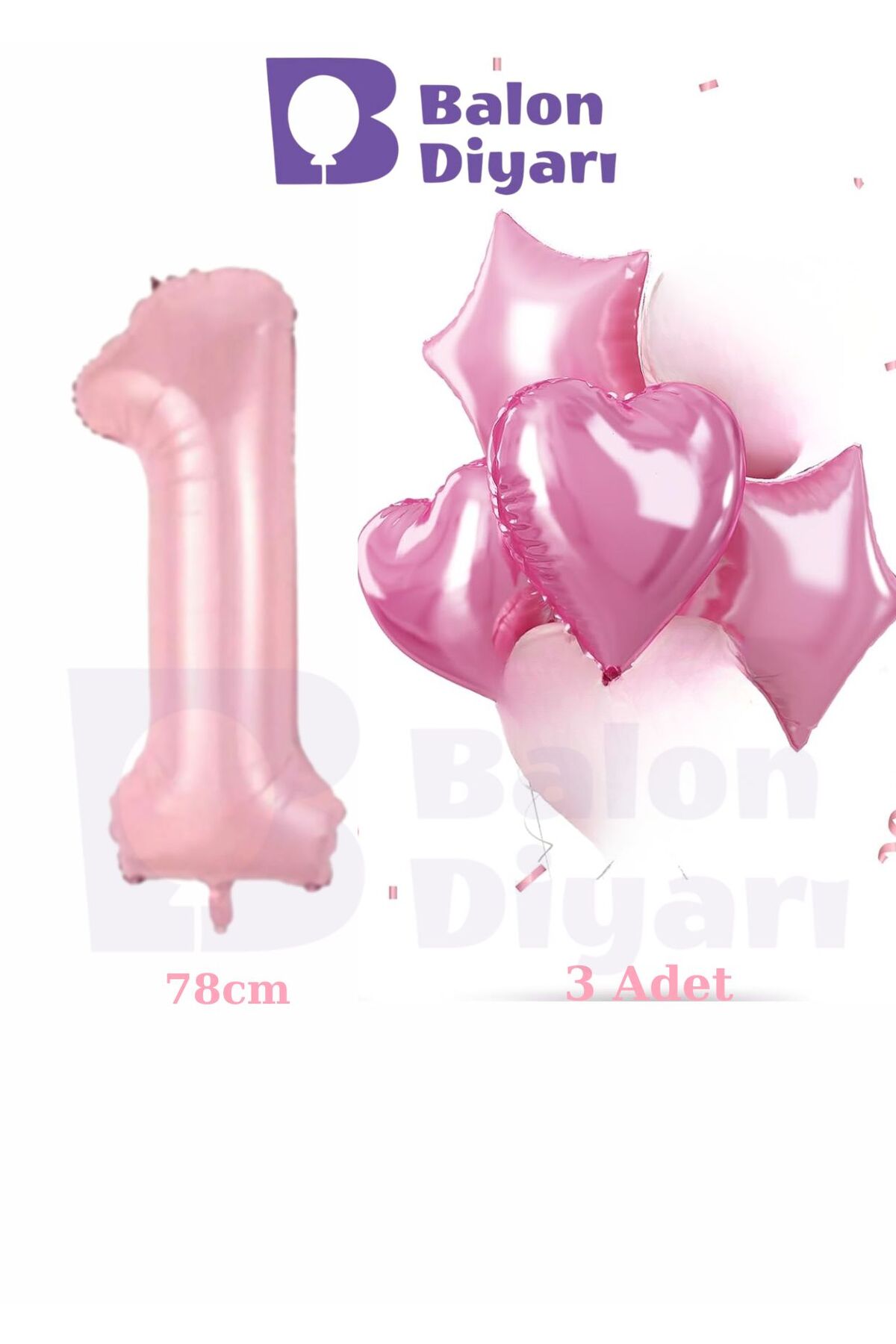 1 yaş pembe kızlara özel doğum günü 3 adet kalp yıldız folyo balon seti