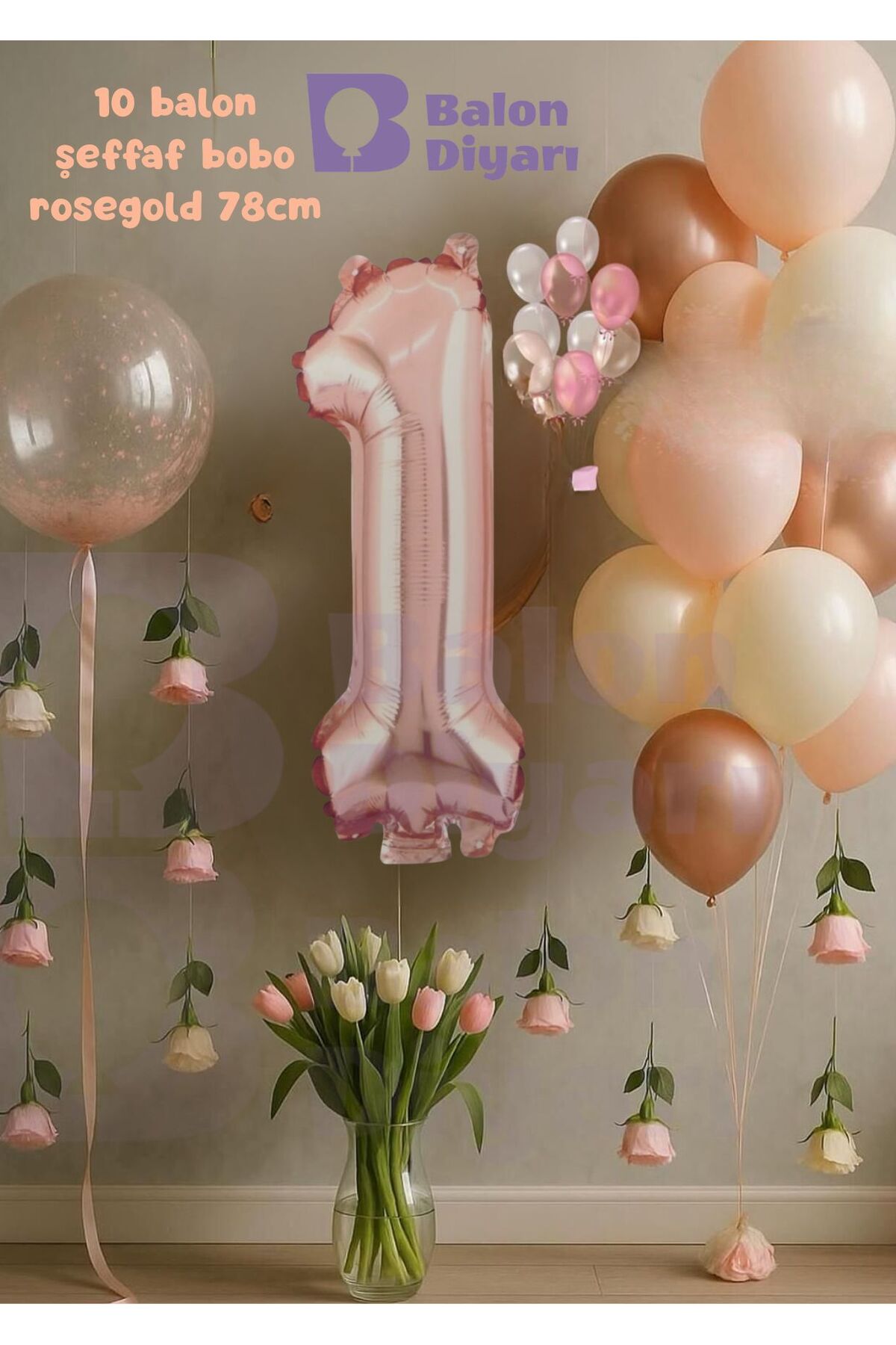 1 Yaş Rosegold Doğum Günü Seti Şeffaf Bobo hediyeli