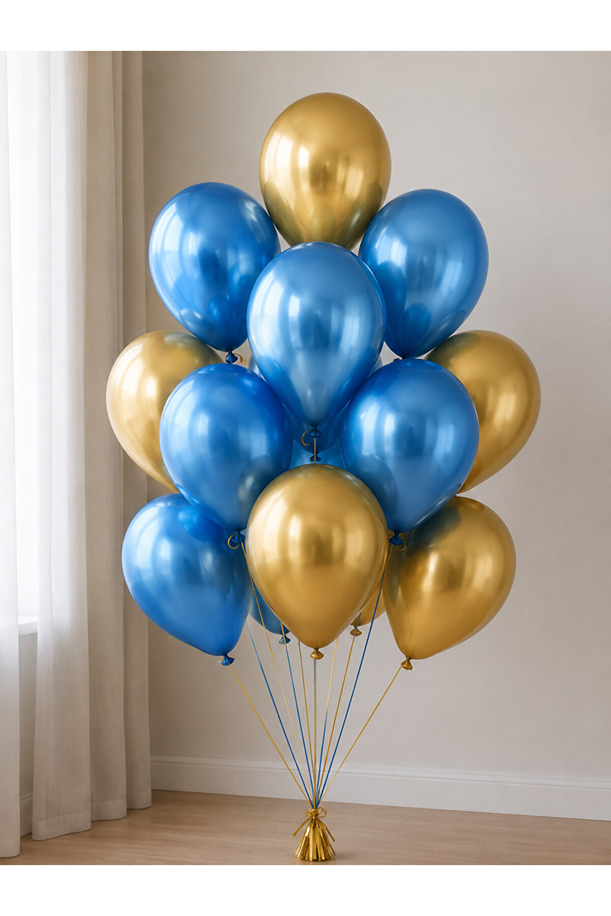 10 Adet Gold Mavi Metalik Balon Buketi – Helyum Uyumlu Parti Balonları