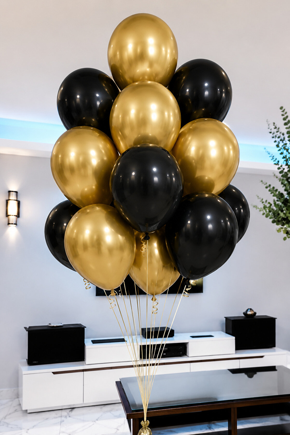 10 Adet Metalik Gold Siyah Balon Buketi – Helyum Uyumlu Parti Balonları