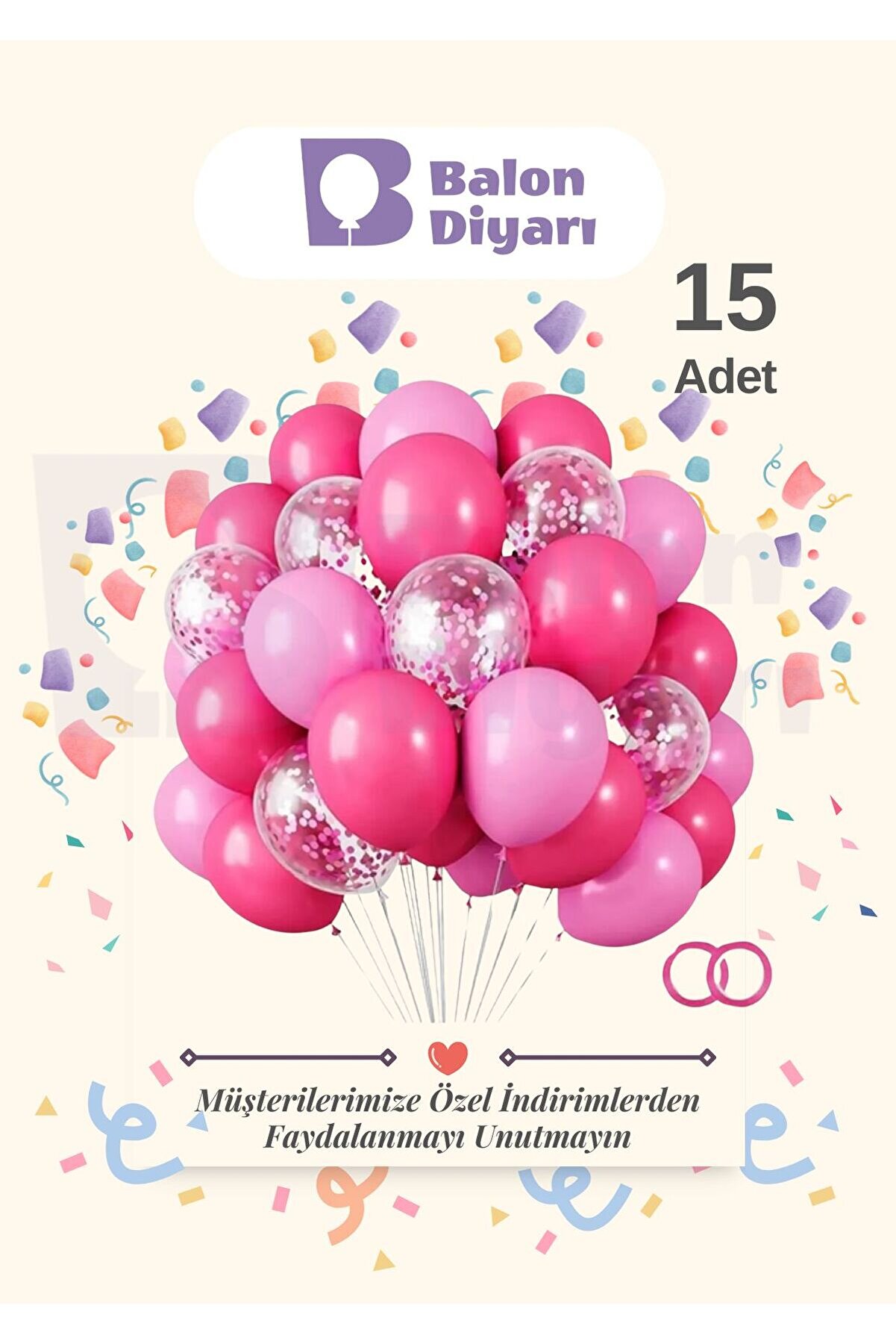15 Adet Fuşya - Pembe Şeffaf Konfetili Kaliteli Balon Seti