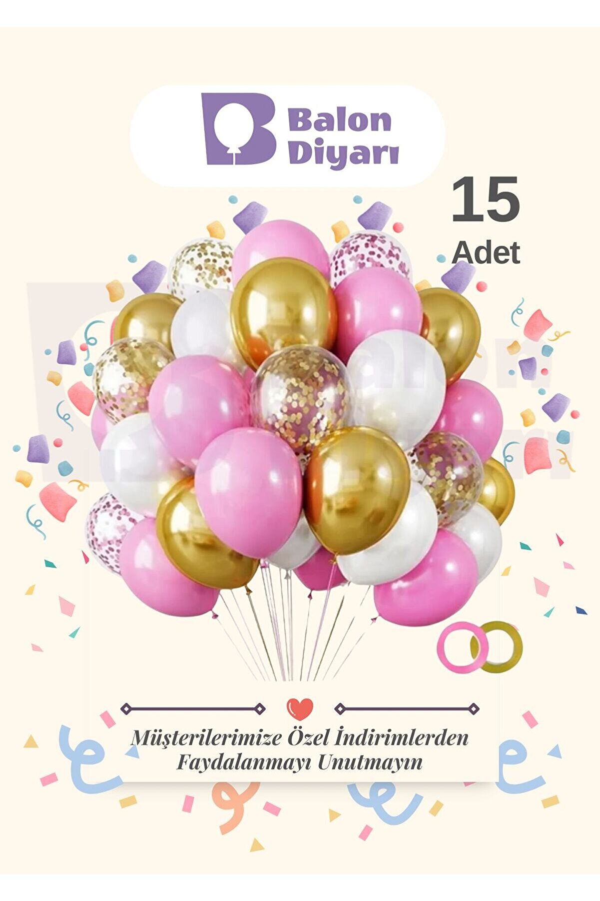 15 Adet Pembe - beyaz Krom Gold - Şeffaf Konfetili Kaliteli Balon Seti