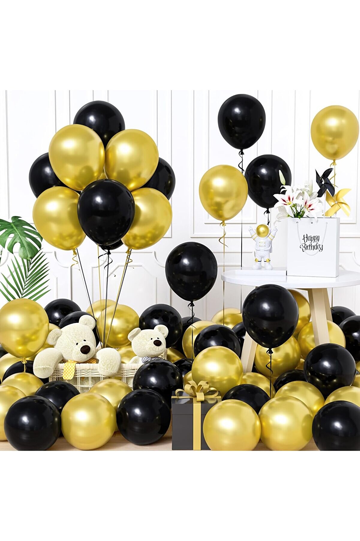 15 Adet Siyah & Altın Balon Seti - Şık ve Işıltılı Parti Dekoru