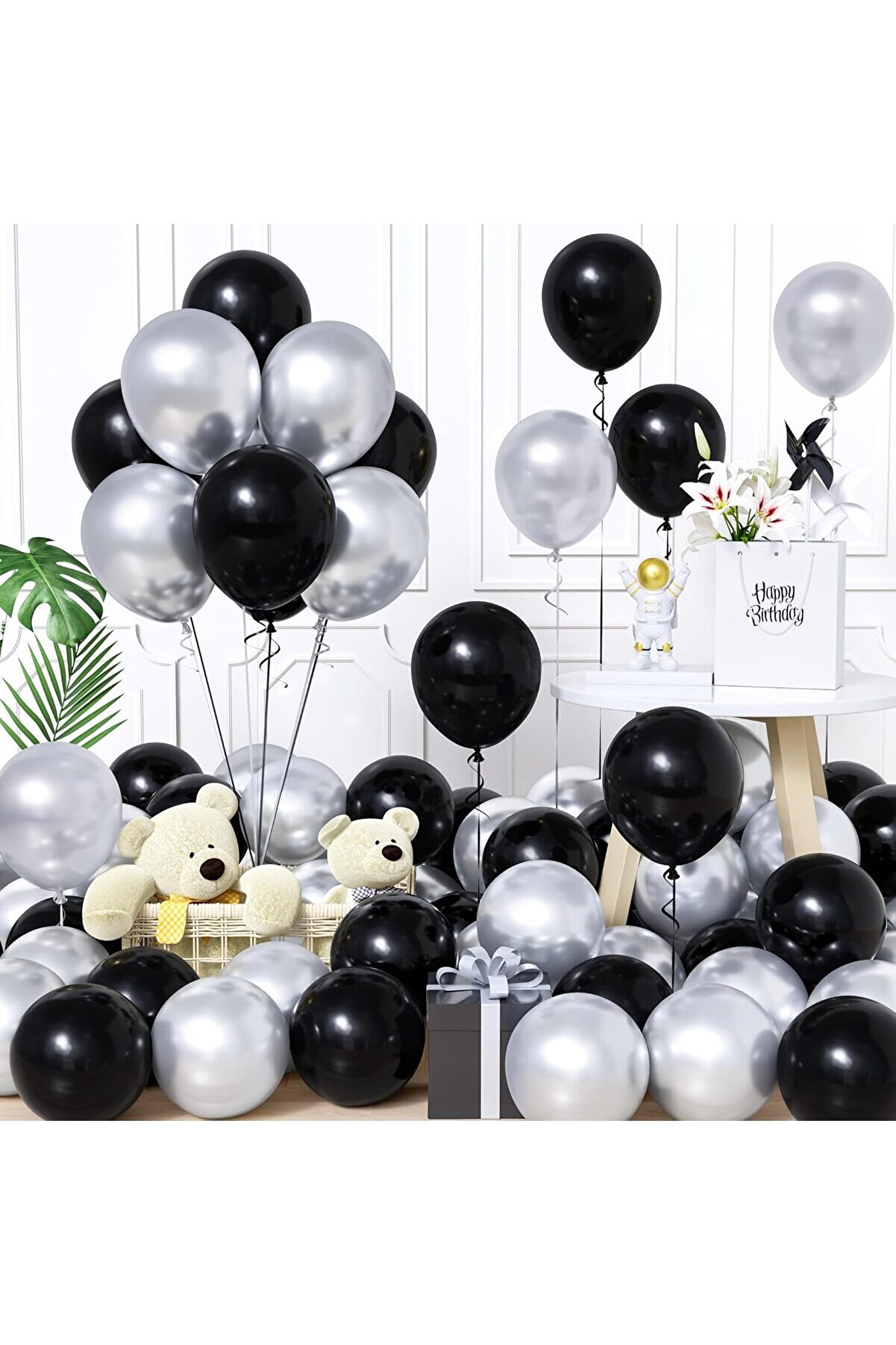 15 Adet Siyah & Gümüş Balon Seti - Modern Parti Dekorasyonu