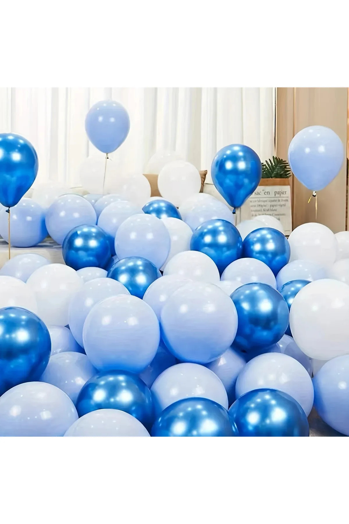 15 Parça Krom Mavi, Açık Mavi ve Beyaz Balon Seti