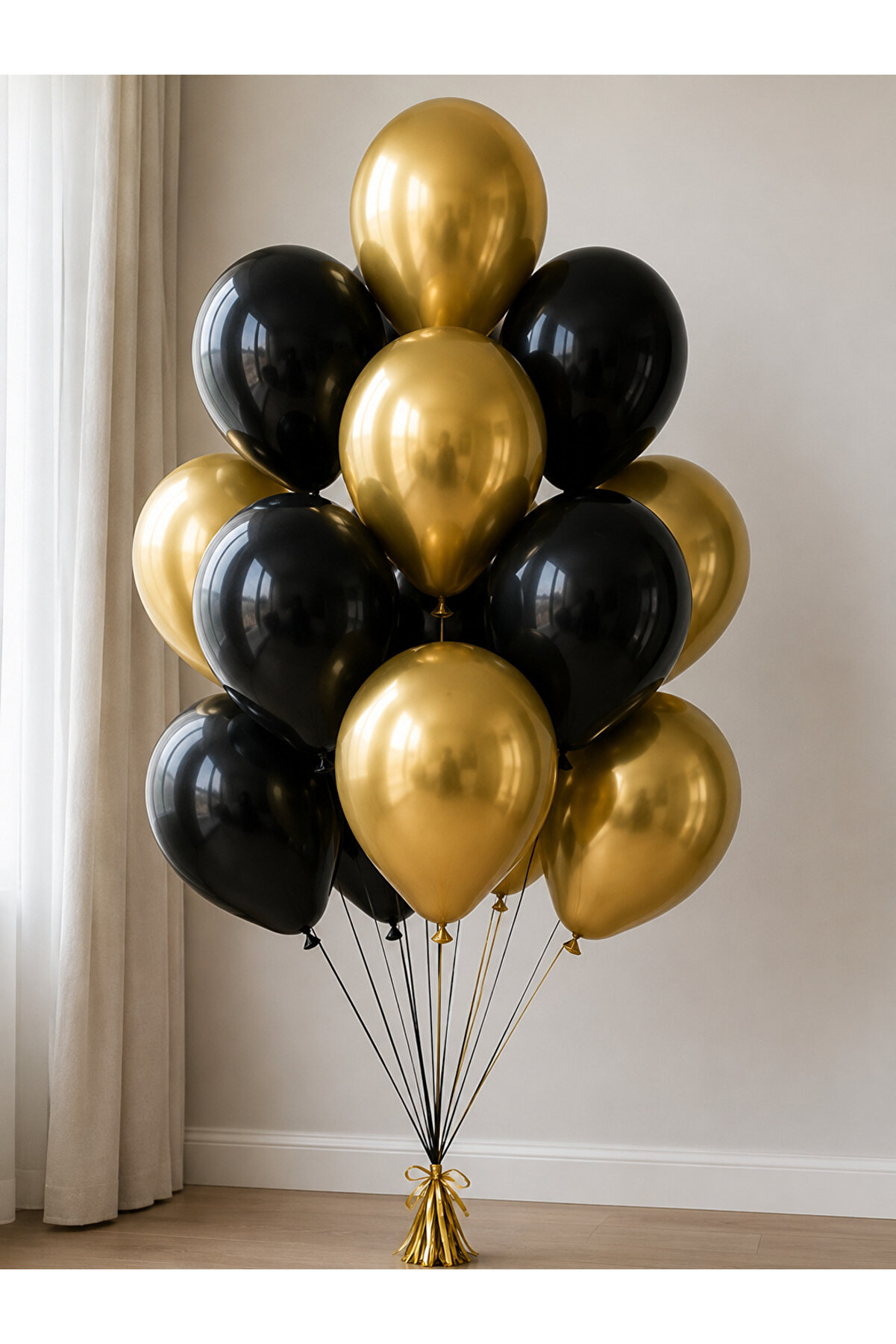 18 Adet Gold Siyah Metalik Balon Buketi – Helyum Uyumlu Parti Balonları