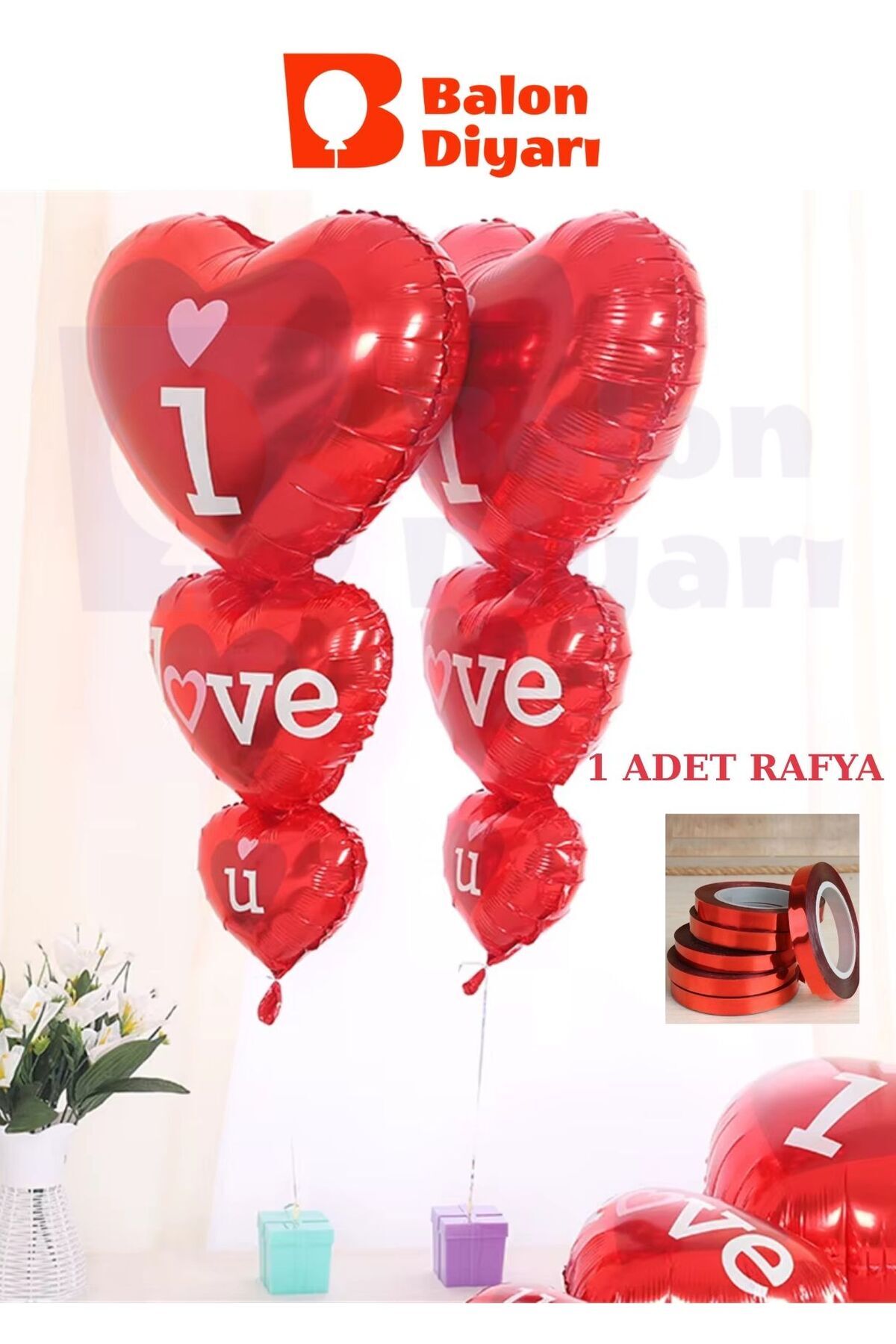 2 adet 3 lü kalp I love you folyo balon + rafya