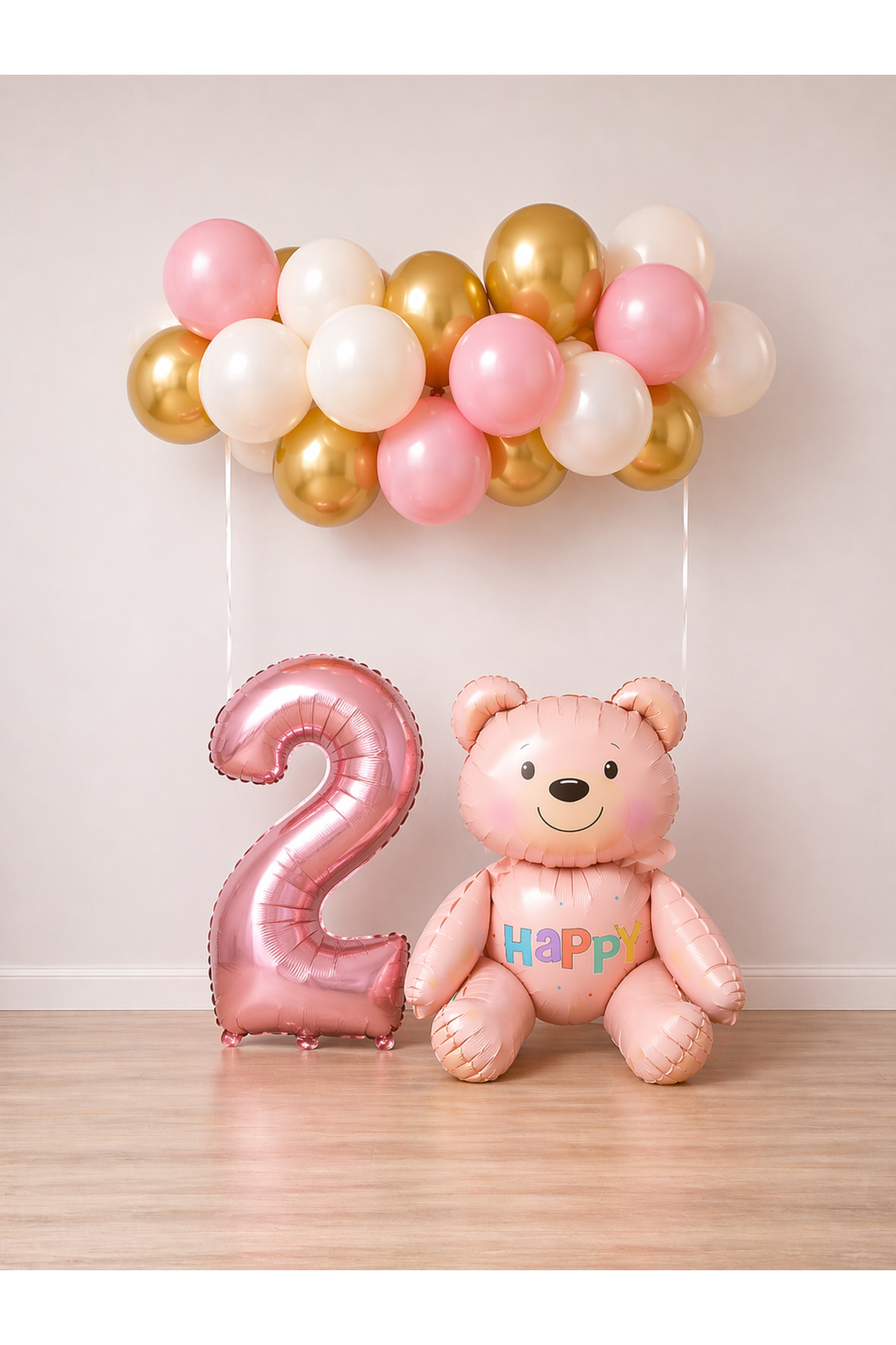 2 Yaş Pembe Ayıcık Temalı Doğum Günü Balon Seti Kız çocuğu