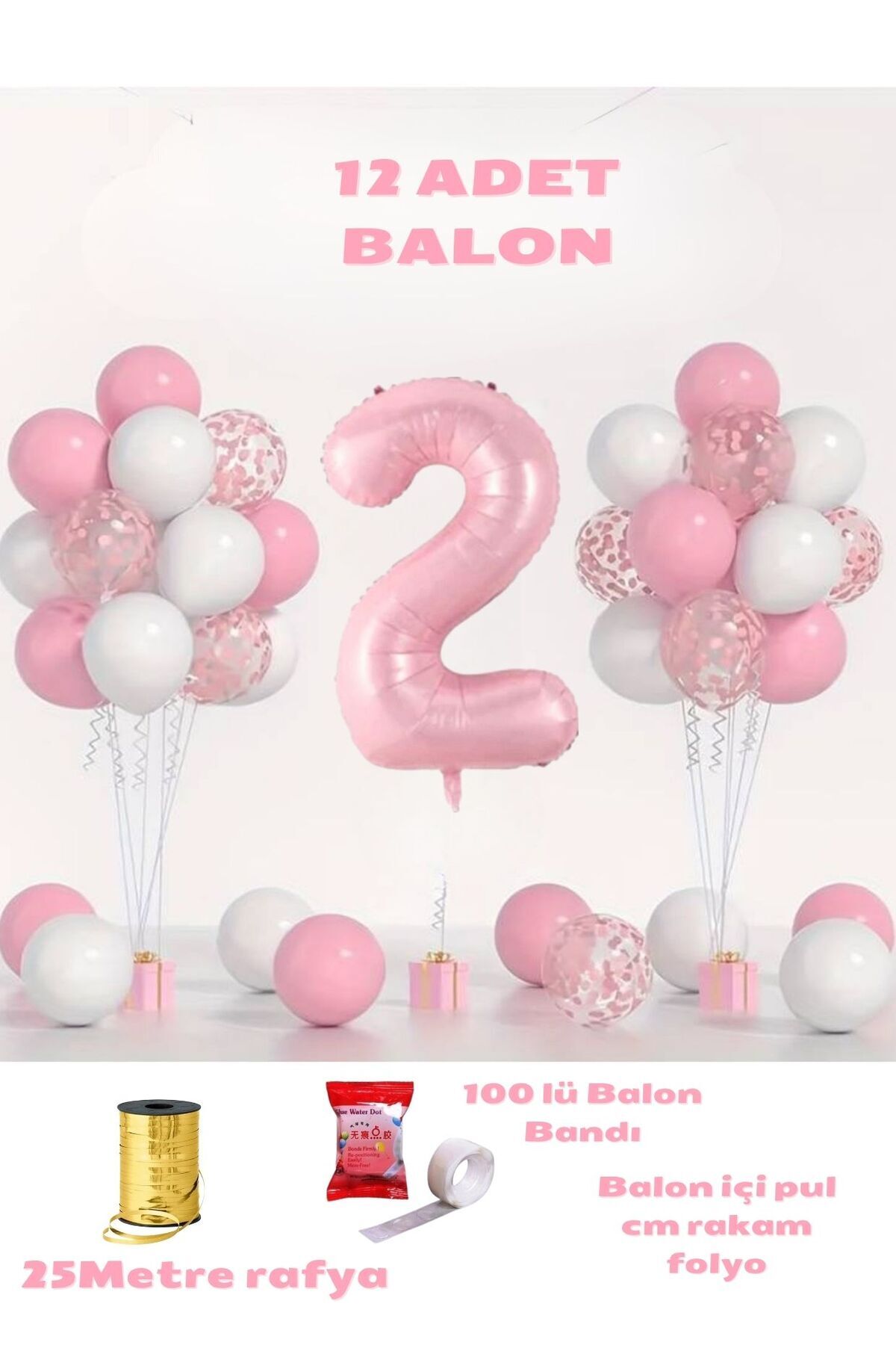 2 yaş Pembe Doğum Günü Balon Seti 78cm balon bandı rafyası dahil