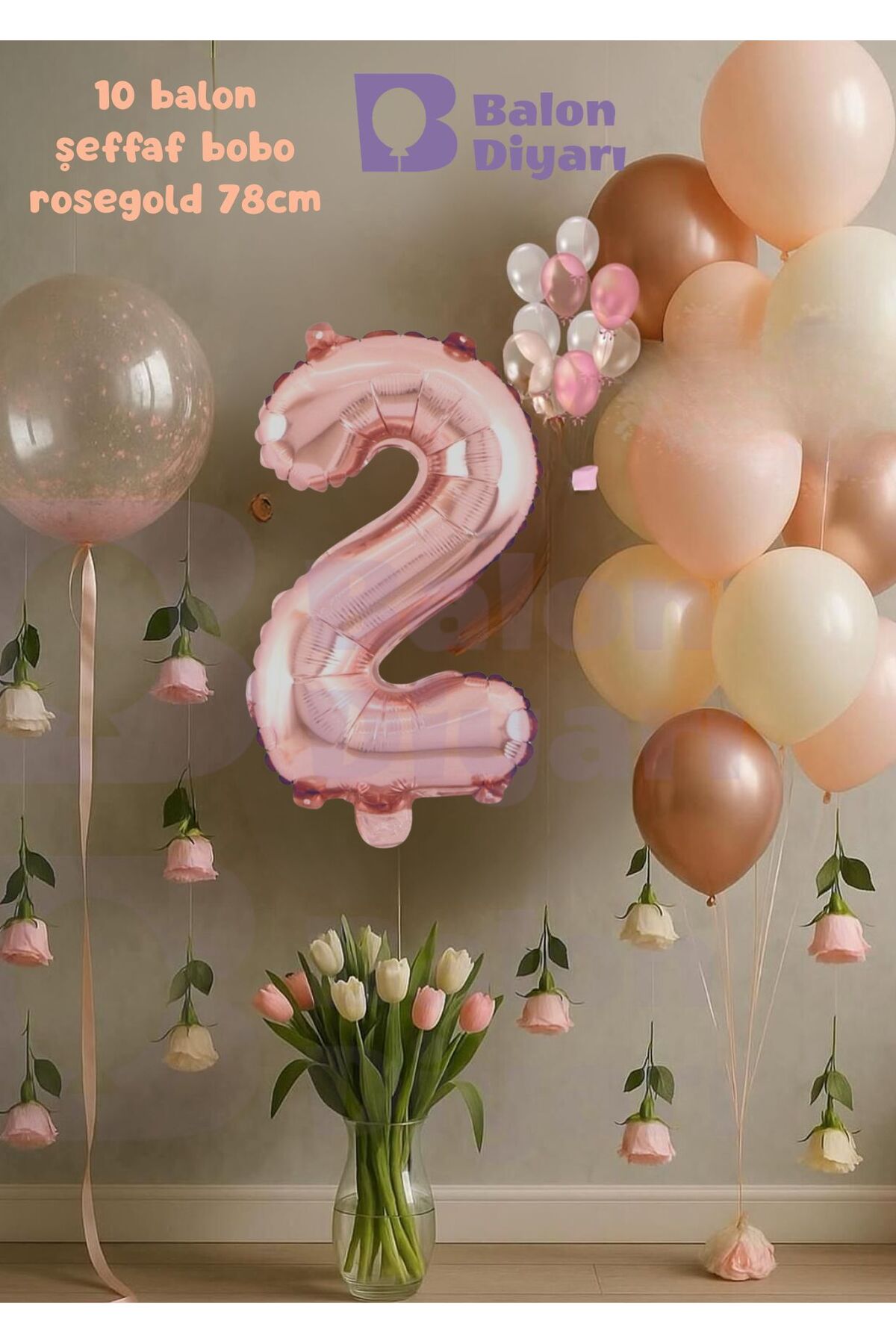2 Yaş Rosegold Doğum Günü Seti Şeffaf Bobo hediyeli