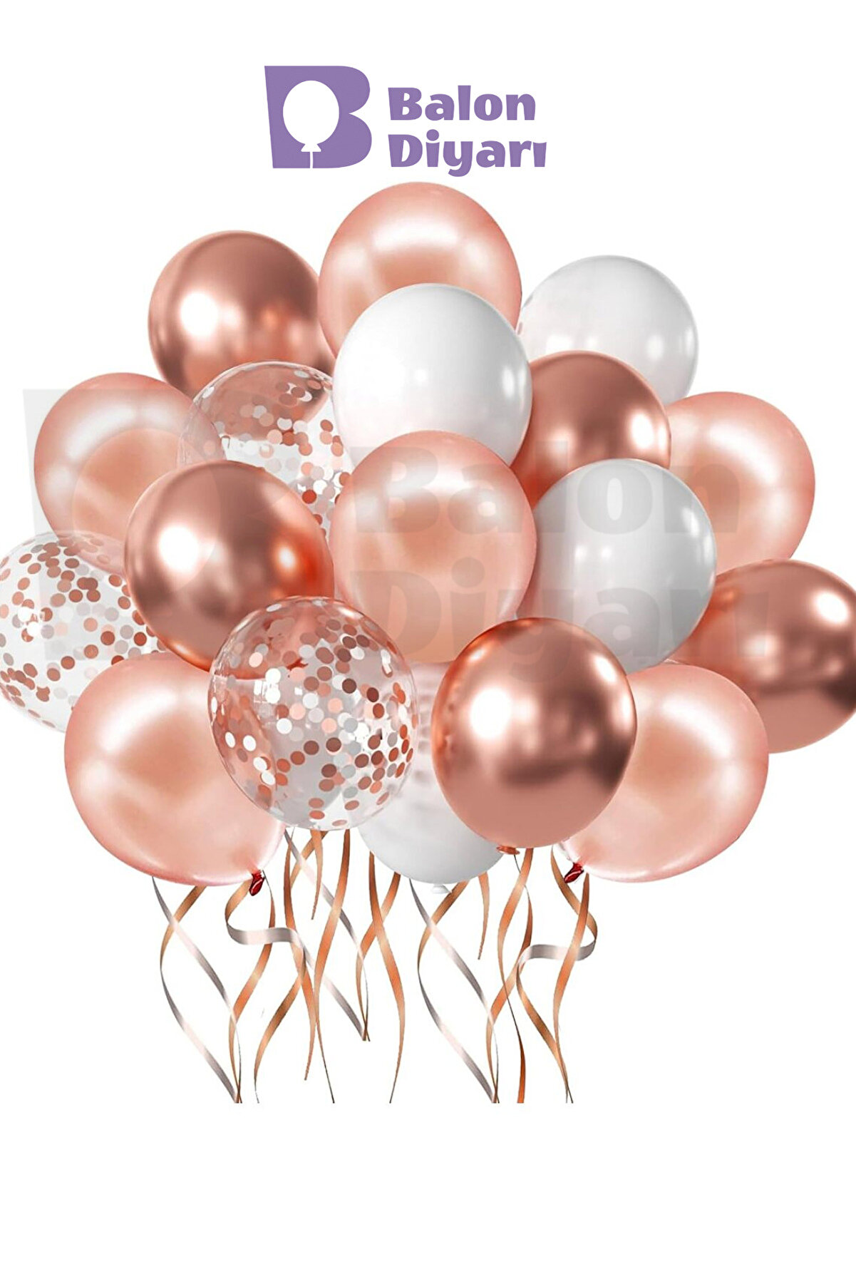 20 Adet Rose Gold, Beyaz ve Şeffaf Konfeti Balon Seti – Parti & Süsleme Balonları