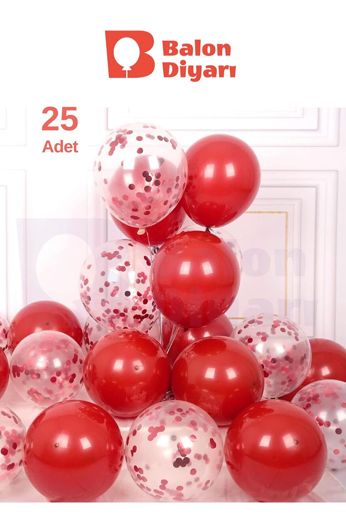 25 Adet Kırmızı, Şeffaf Konfetili Lateks Helyum Balon Seti