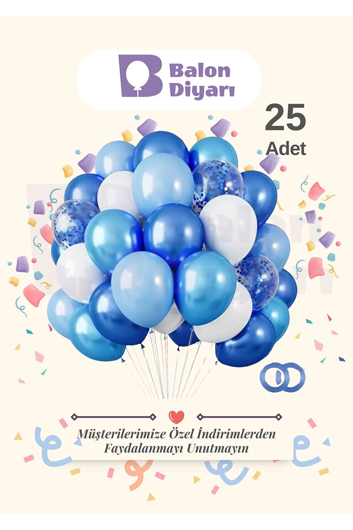 25 Adet Lacivert Açık Mavi Beyaz Konfetili Şeffaf Balon, Metalik Pastel Karışık Kaliteli Balon Seti