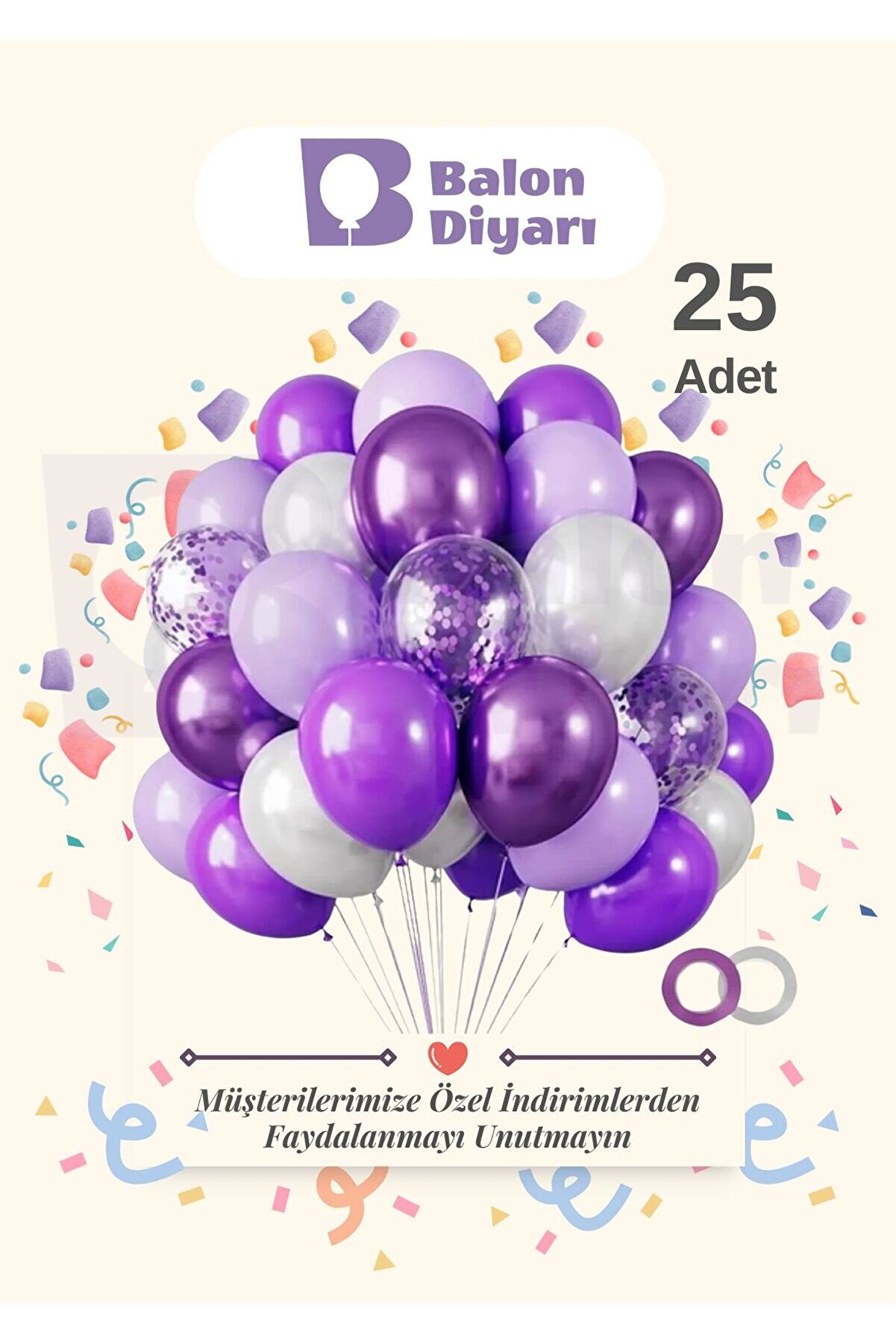 25 Adet Lila - Mor - Şeffaf Konfetili, Balon Seti