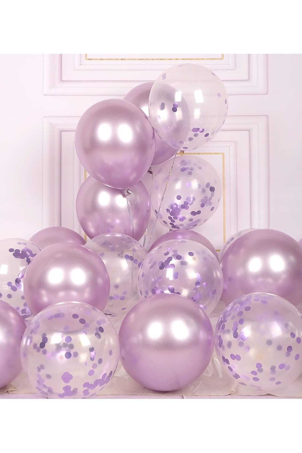 25 Adet Lila, Şeffaf Konfetili Lateks Helyum Balon Seti