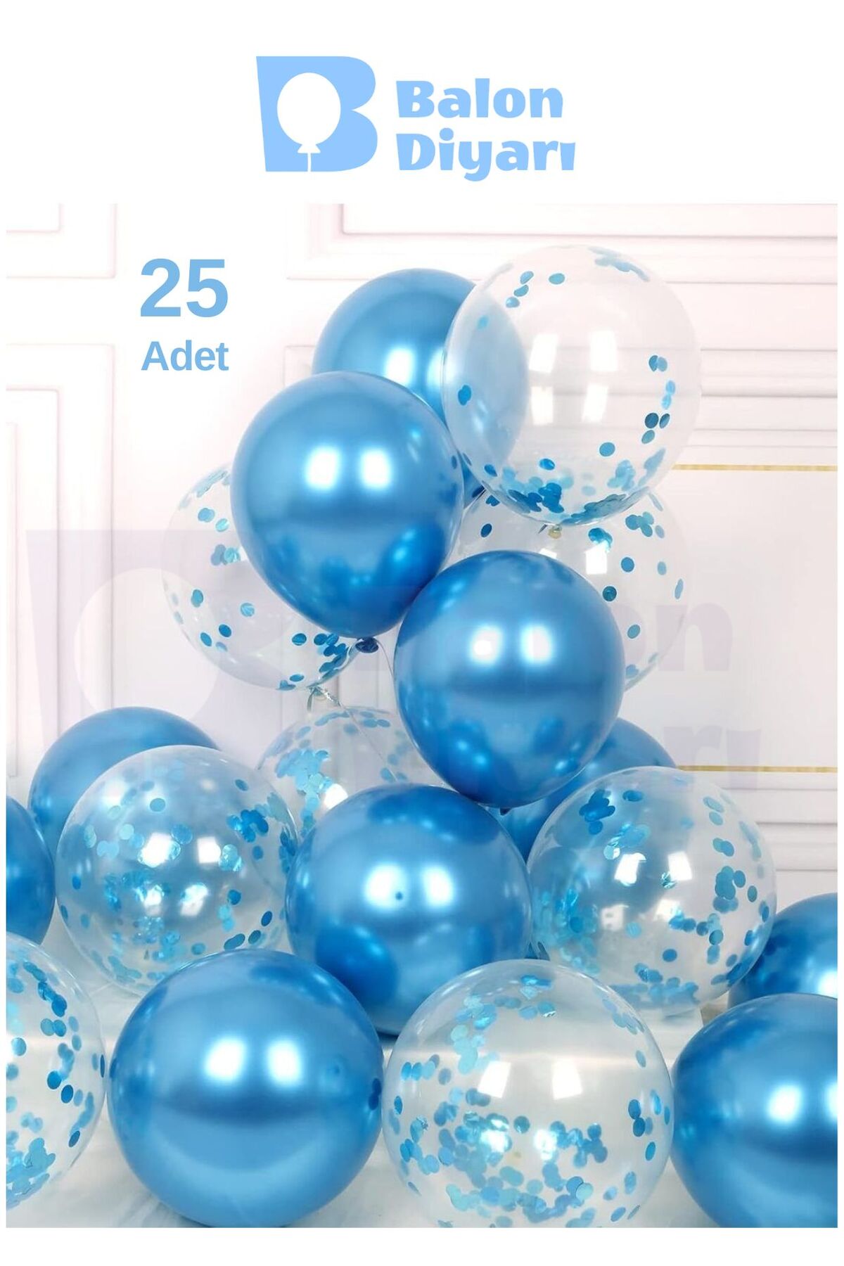 25 Adet Mavi, Şeffaf Konfetili Lateks Helyum Balon Seti