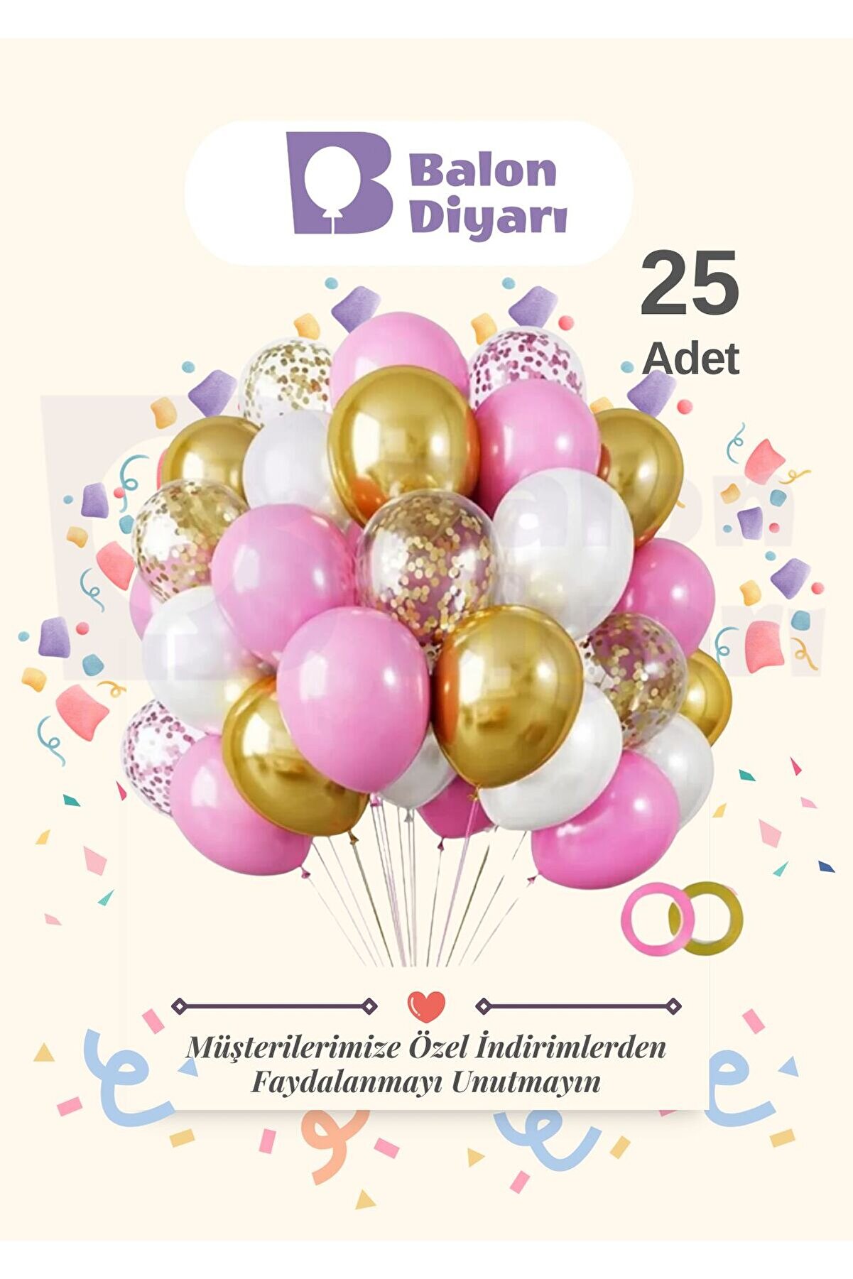 25 Adet Pembe - beyaz Krom Gold - Şeffaf Konfetili Kaliteli Balon Seti