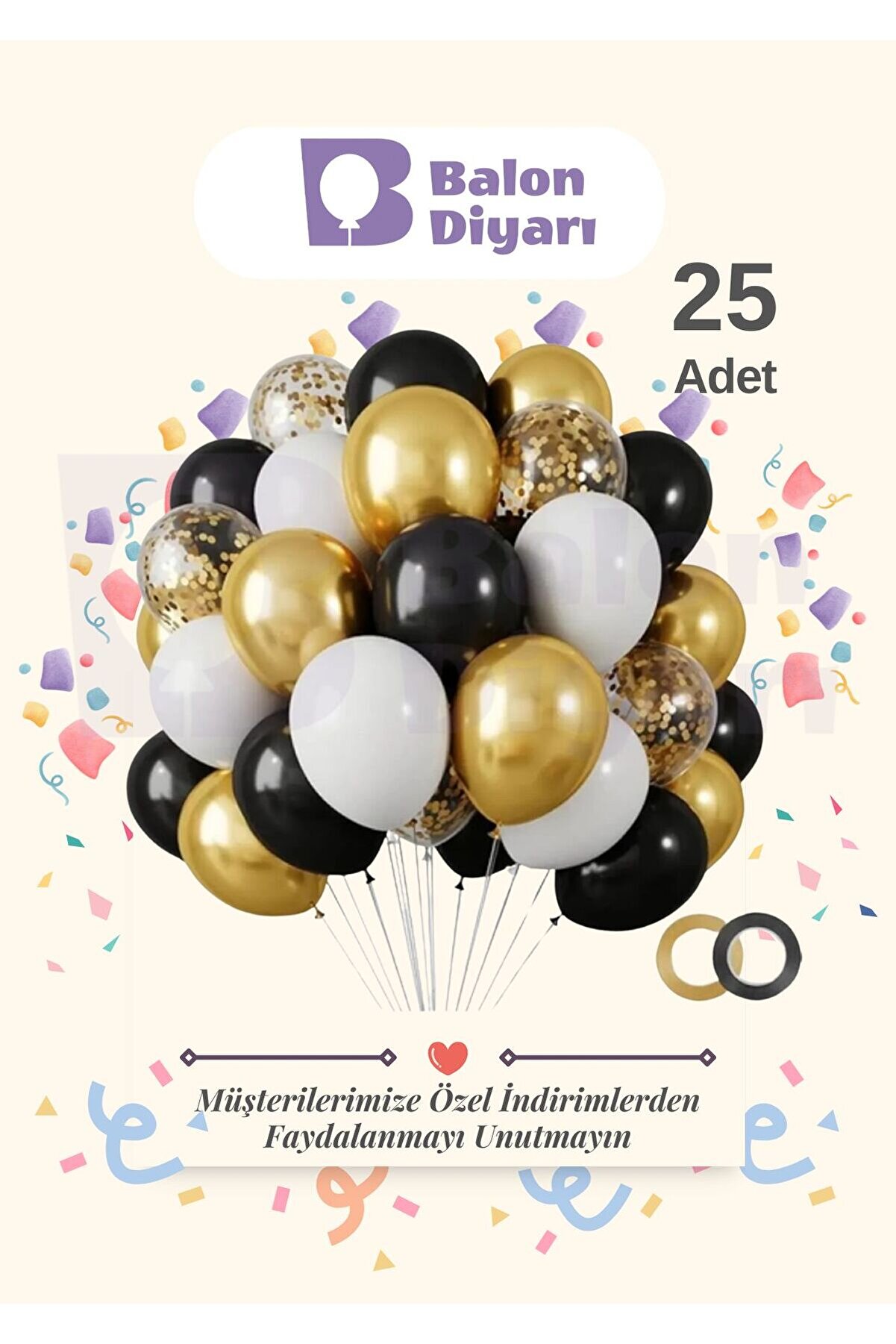 25 Adet Siyah - Beyaz - Konfetili Şeffaf Balon, Metalik Gold Balon Kaliteli Balon Seti