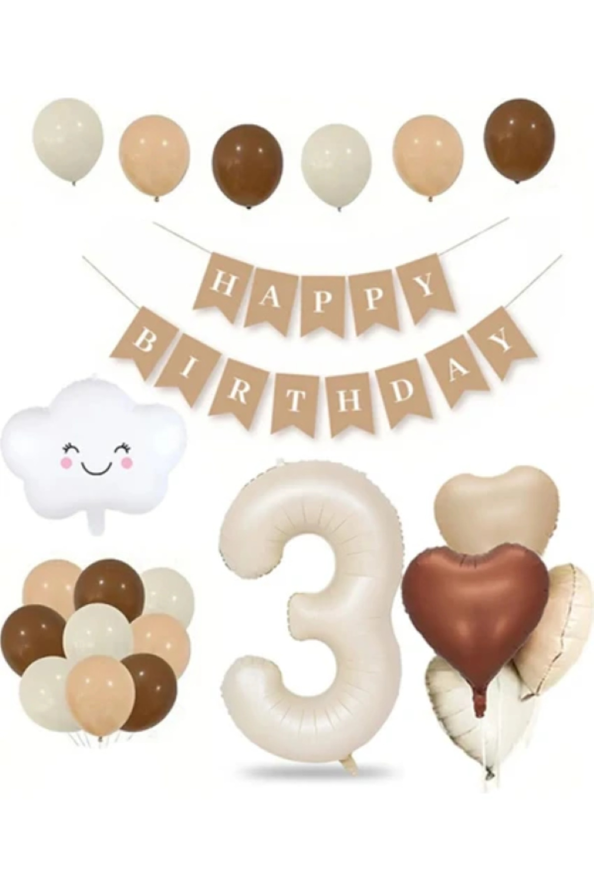 3 Yaş Için Retro Doğum Günü Seti Krem Rakam Folyo Banner Bulut Folyo Balon Balon Bandı