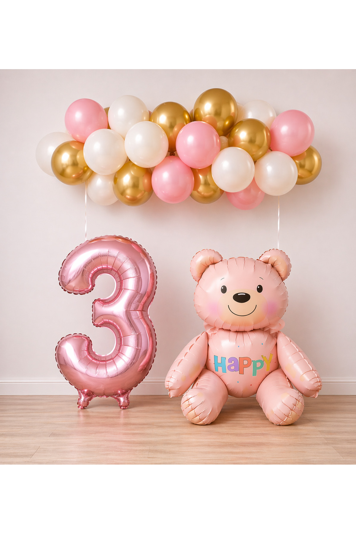 3 Yaş Pembe Ayıcık Temalı Doğum Günü Balon Seti Kız çocuğu