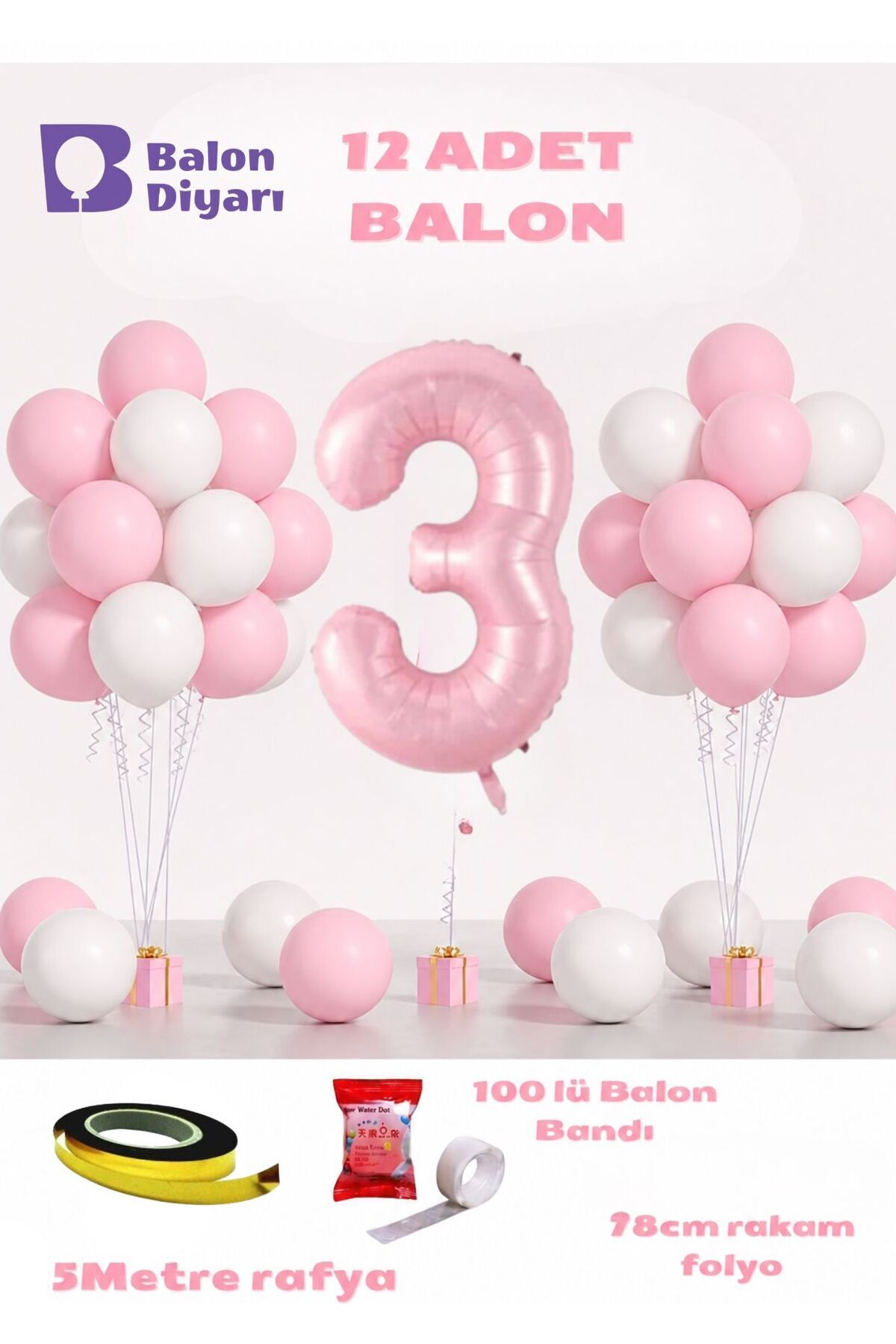 3 yaş Pembe Doğum Günü Balon Seti 78cm balon bandı rafyası dahil