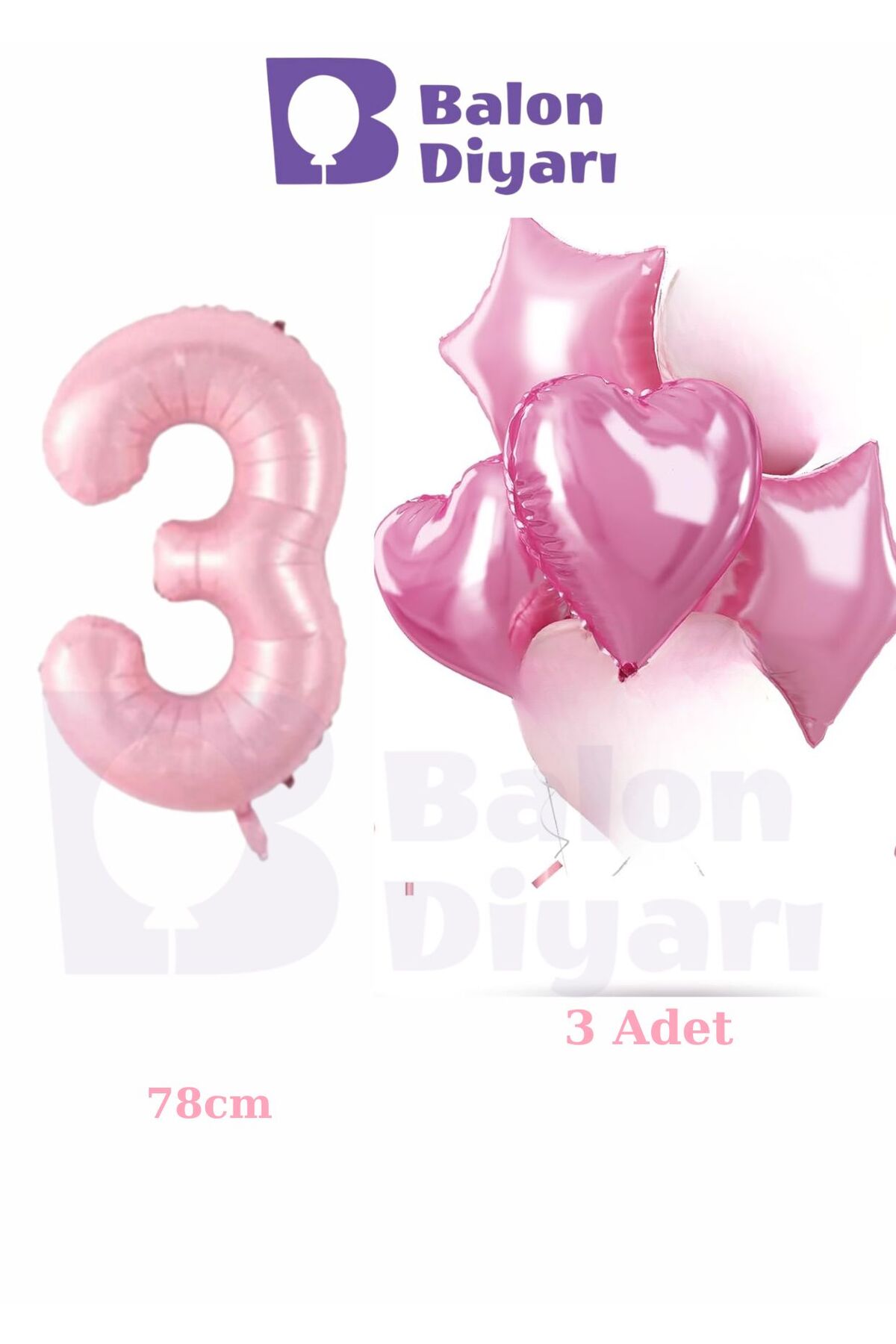 3 yaş pembe kızlara özel doğum günü 3 adet kalp yıldız folyo balon seti