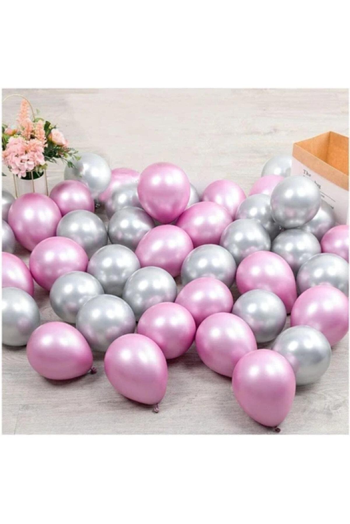 30 Adet Metalik Gümüş - Pembe - Beyaz Balon, Helyumla Uçan Balon Seti