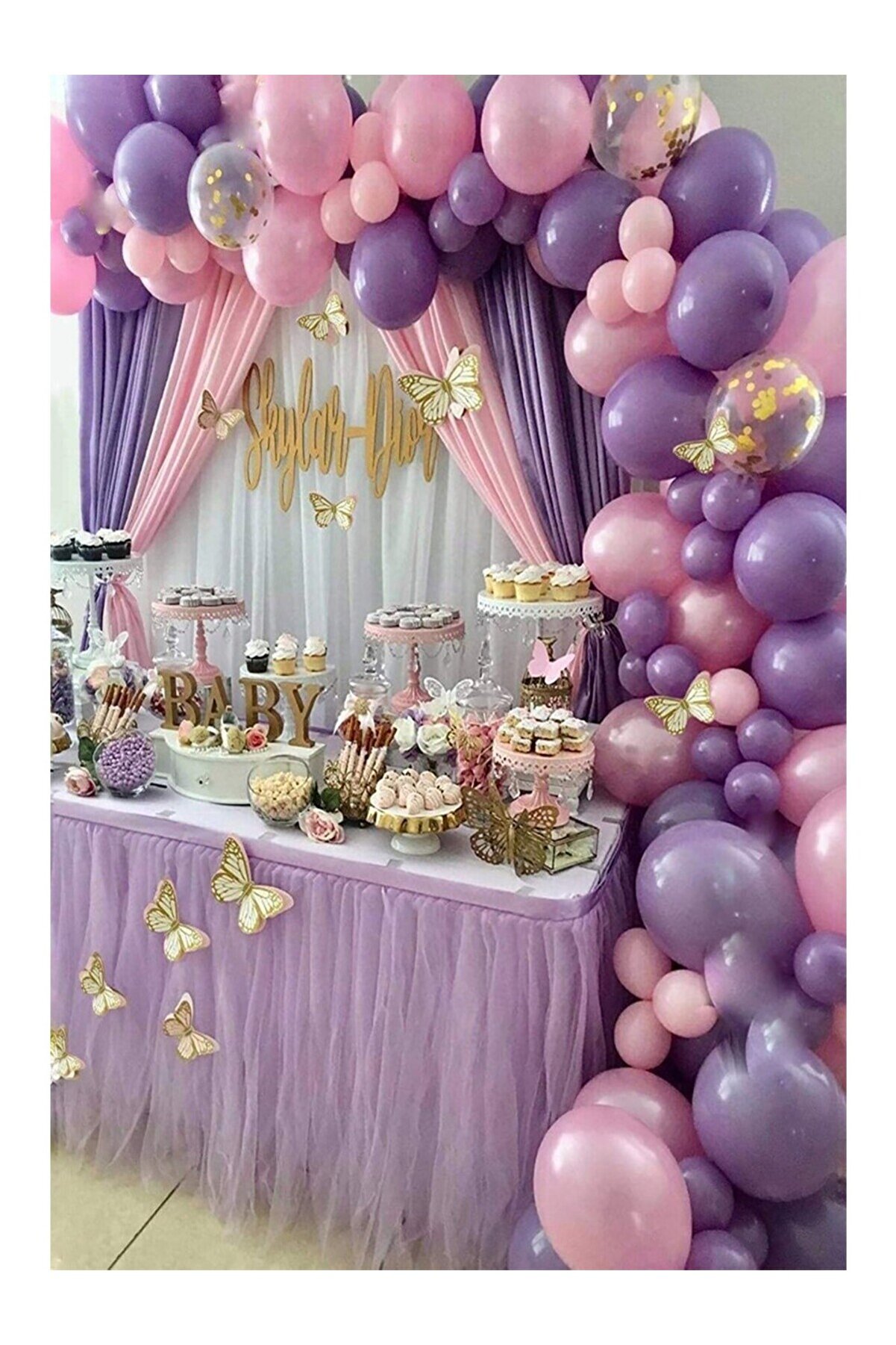 35 Parça Karışık Renk Balon Zincir Seti (15 Adet Pembe,15 Adet Lila 5 Adet Şeffaf Mor Konfetili)