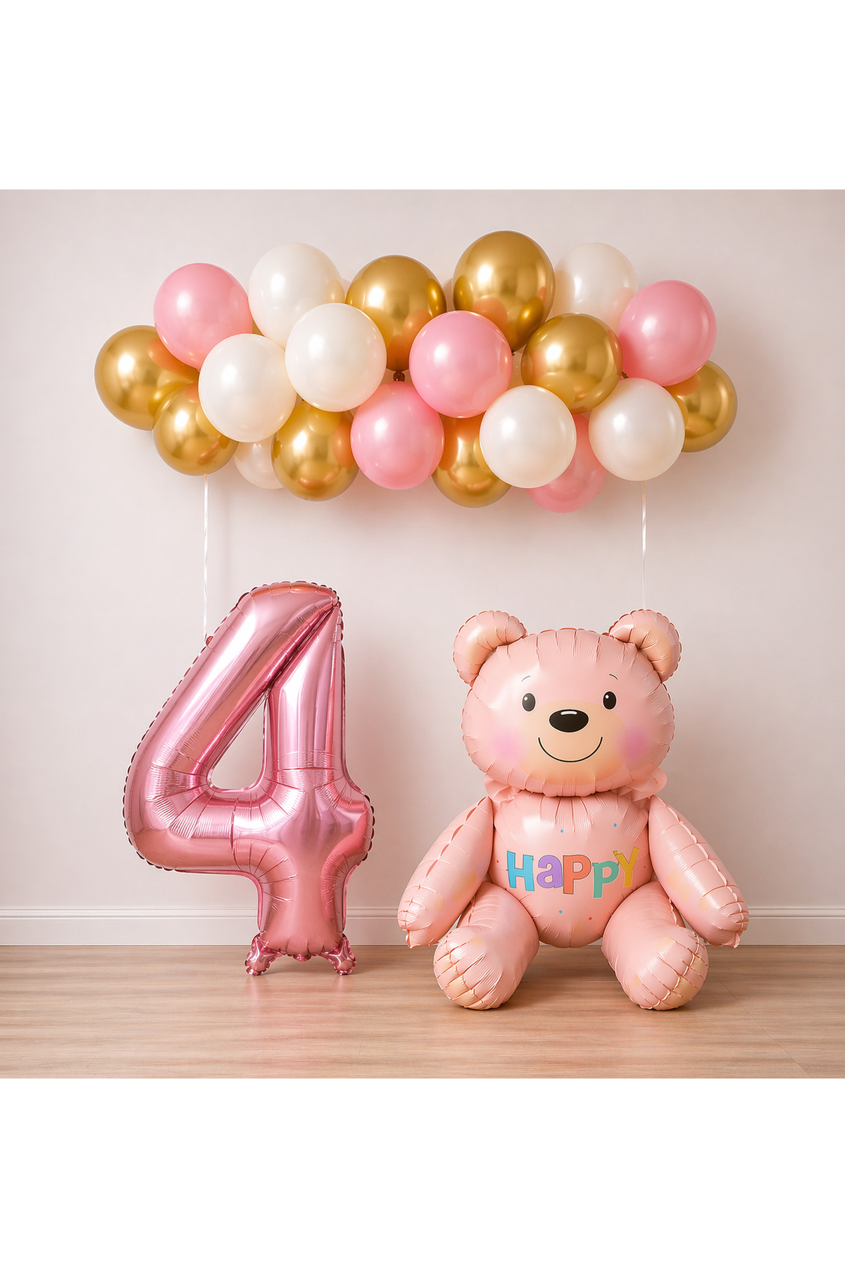 4 Yaş Pembe Ayıcık Temalı Doğum Günü Balon Seti Kız çocuğu