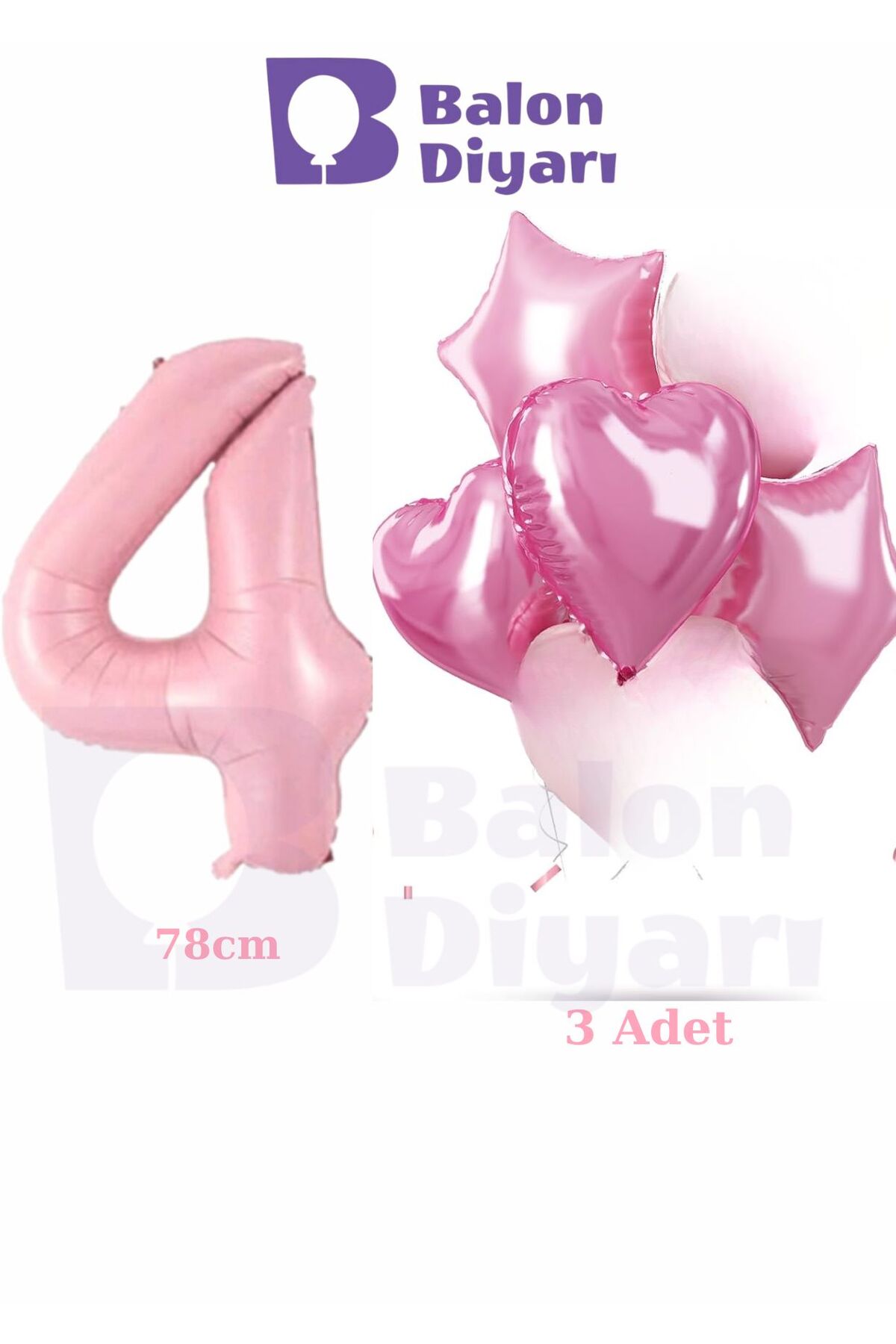4 yaş pembe kızlara özel doğum günü 3 adet kalp yıldız folyo balon seti