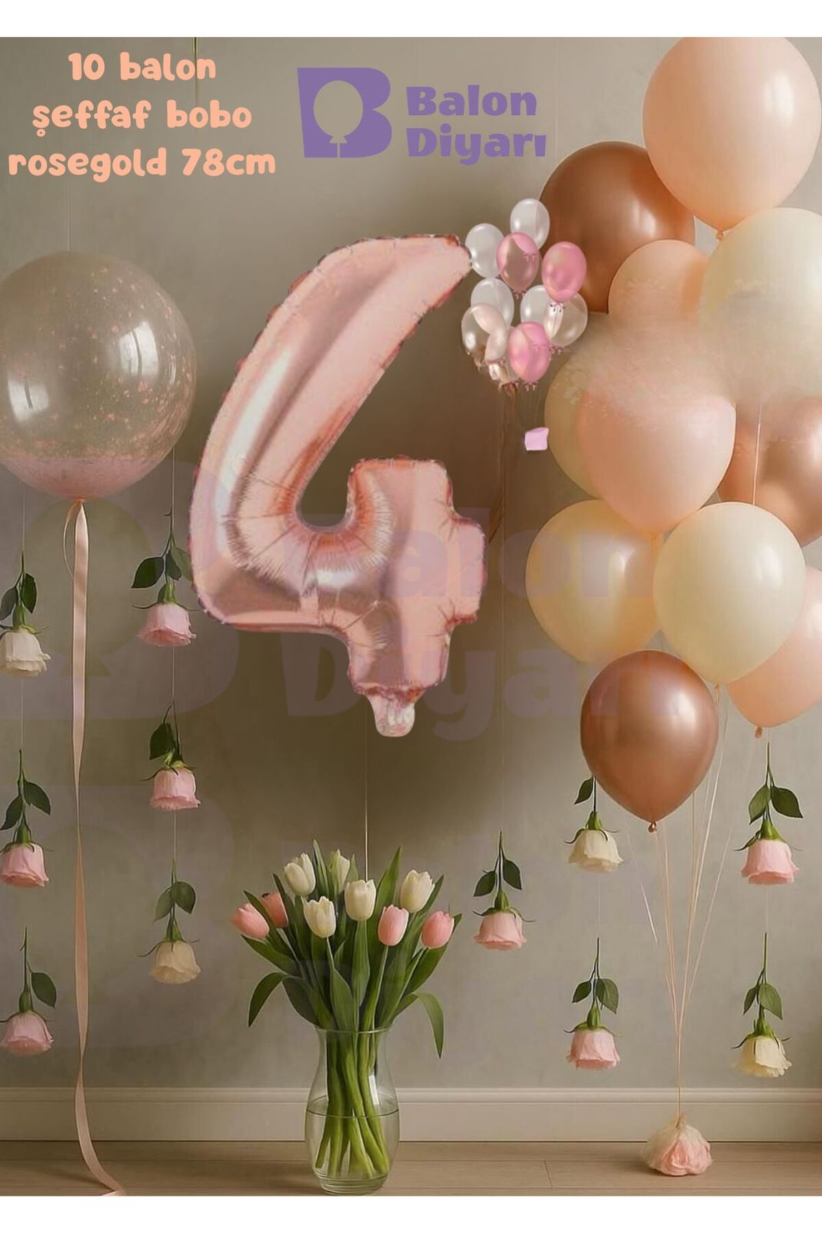 4 Yaş Rosegold Doğum Günü Seti Şeffaf Bobo