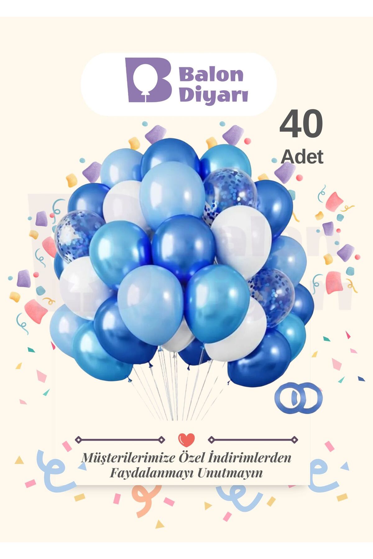 40 Adet Lacivert Açık Mavi Beyaz Konfetili Şeffaf Balon , Metalik Pastel Karışık Kaliteli