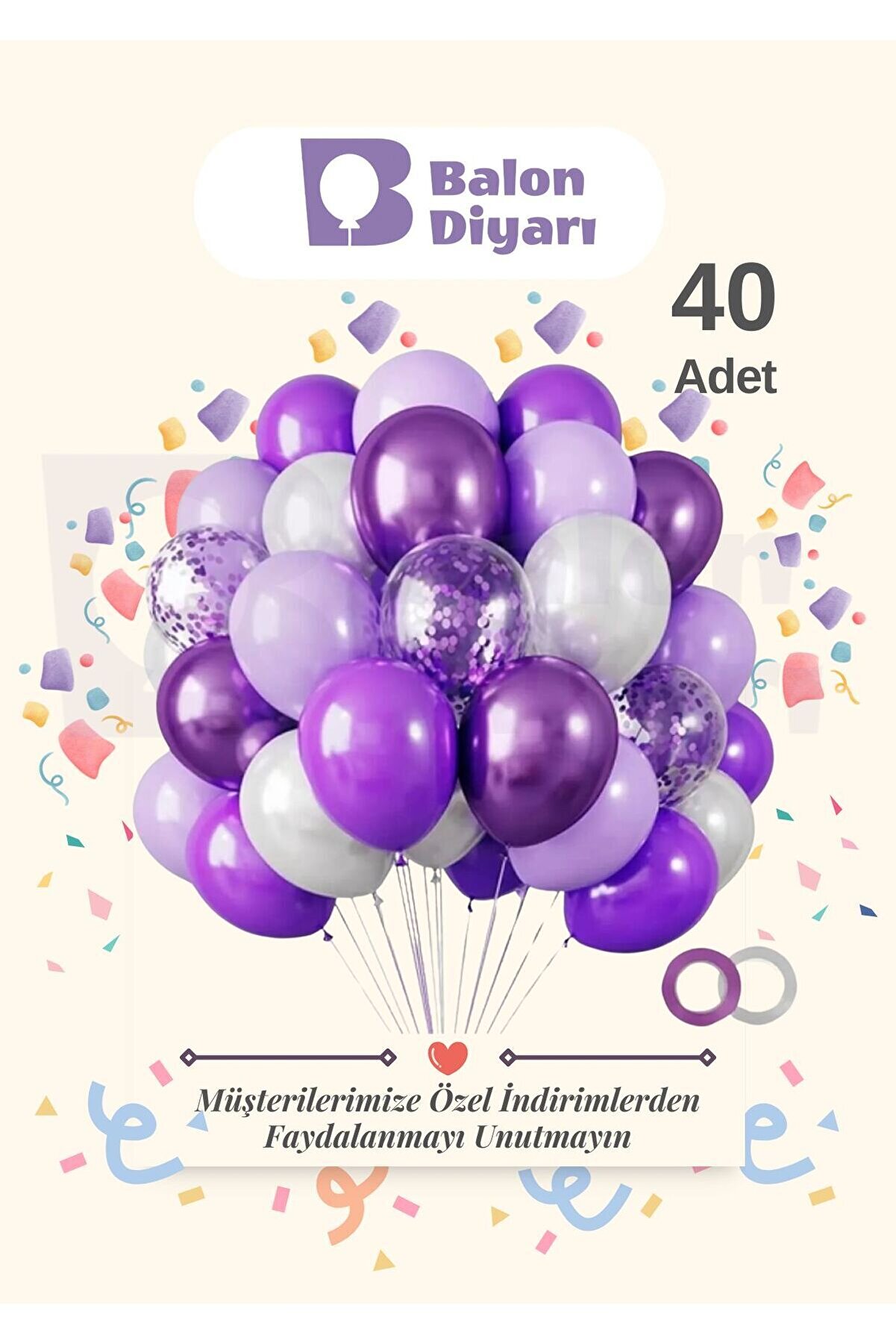 40 Adet Lila - Mor - Beyaz - Şeffaf Konfetili, Balon Kaliteli Balon Seti