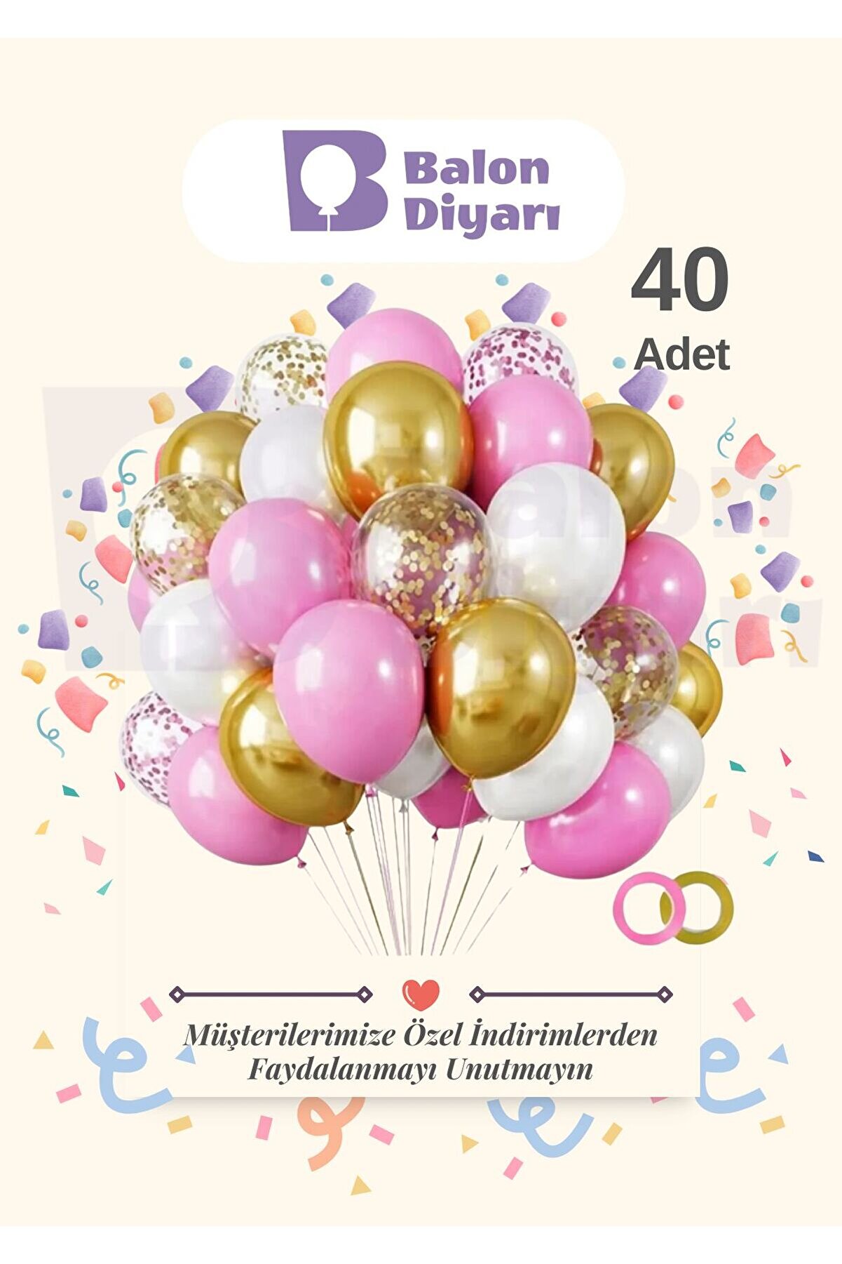 40 Adet Pembe - beyaz Krom Gold - Şeffaf Konfetili Kaliteli Balon Seti