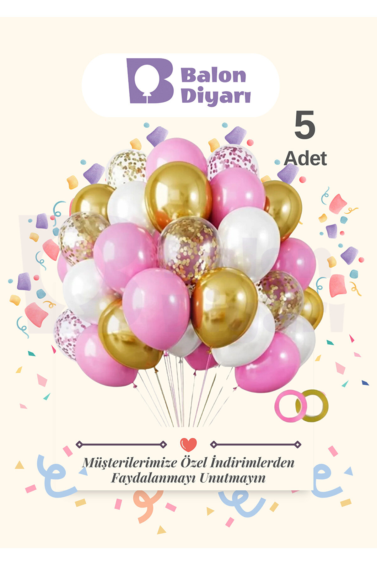 5 adet Pembe - Beyaz Krom Gold - şeffaf Konfetili Kaliteli balon seti