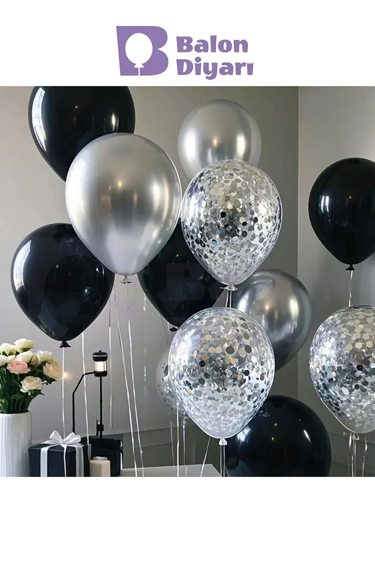 5 Parça Siyah, Gümüş ve Şeffaf Balon Seti – Doğum Günü ve Parti Dekoru