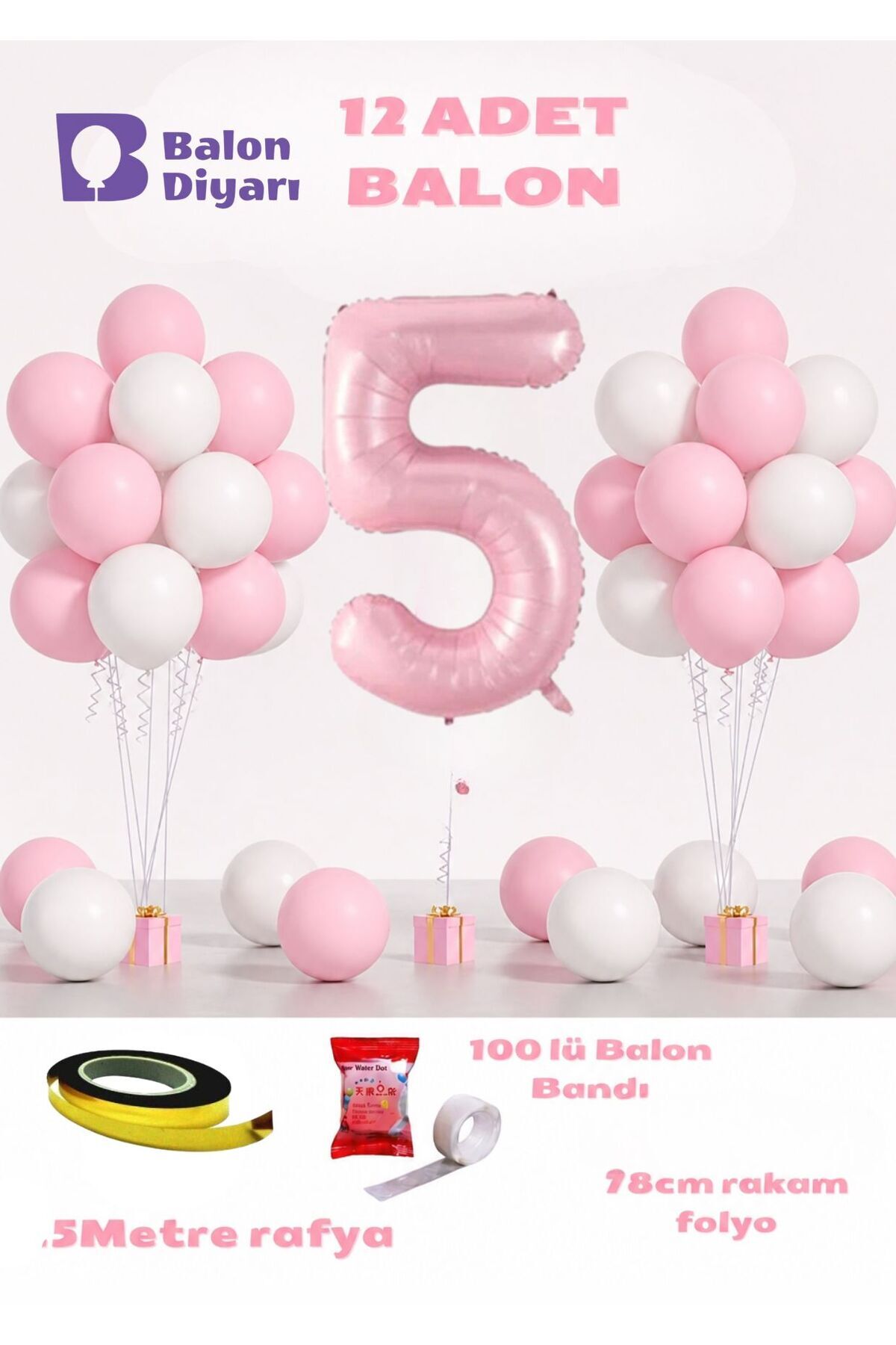 5 Yaş Pembe Doğum Günü Balon Seti 78cm balon bandı rafyası dahil