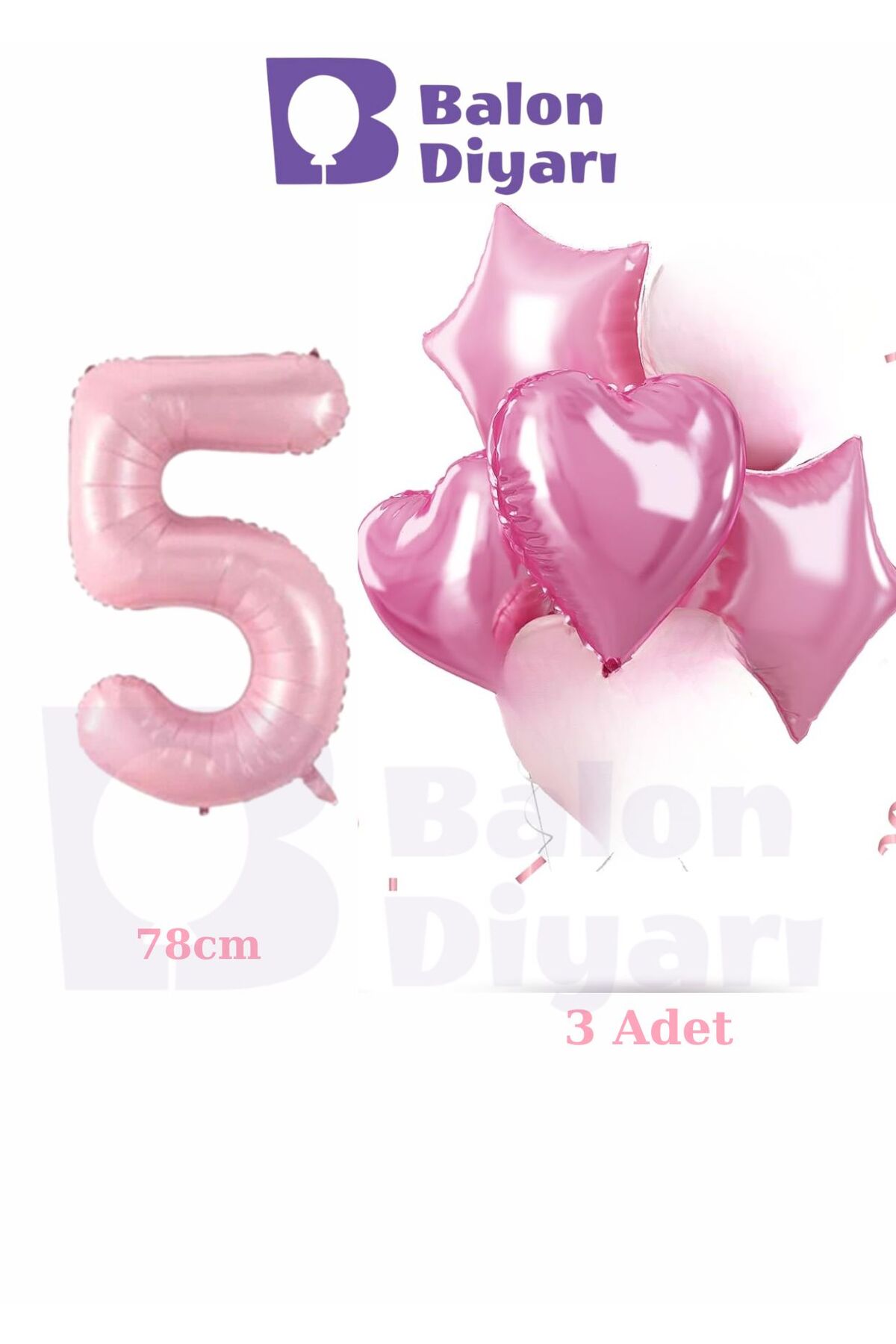 5 yaş pembe kızlara özel doğum günü 3 adet kalp yıldız folyo balon seti