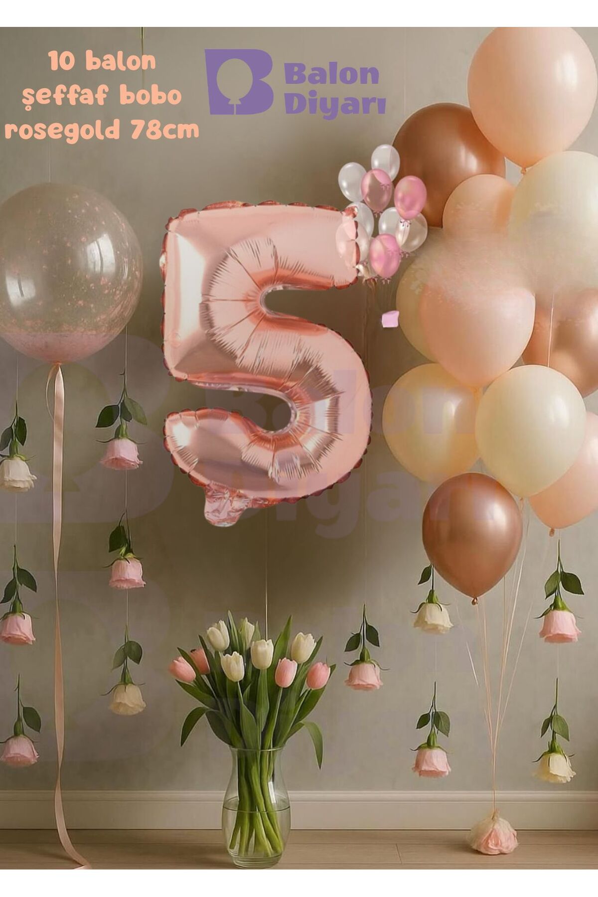 5 Yaş Rosegold Doğum Günü Seti Şeffaf Bobo hediyeli