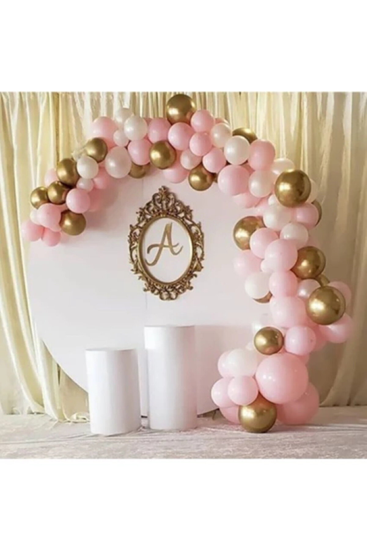 50 Adet Metalik Parti Balonu Pembe -Beyaz - Gold + 5 Mt Balon Zinciri