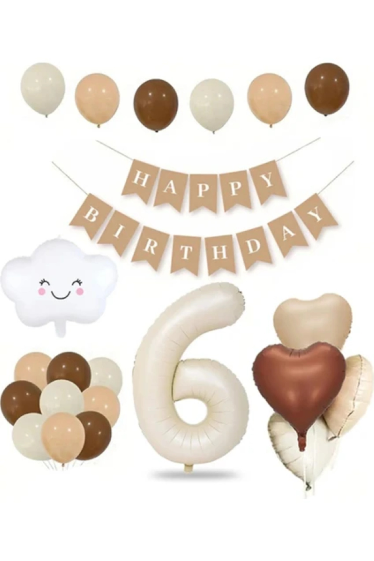 6 Yaş Için Retro Doğum Günü Seti Krem Rakam Folyo Banner Bulut Folyo Balon Balon Bandı