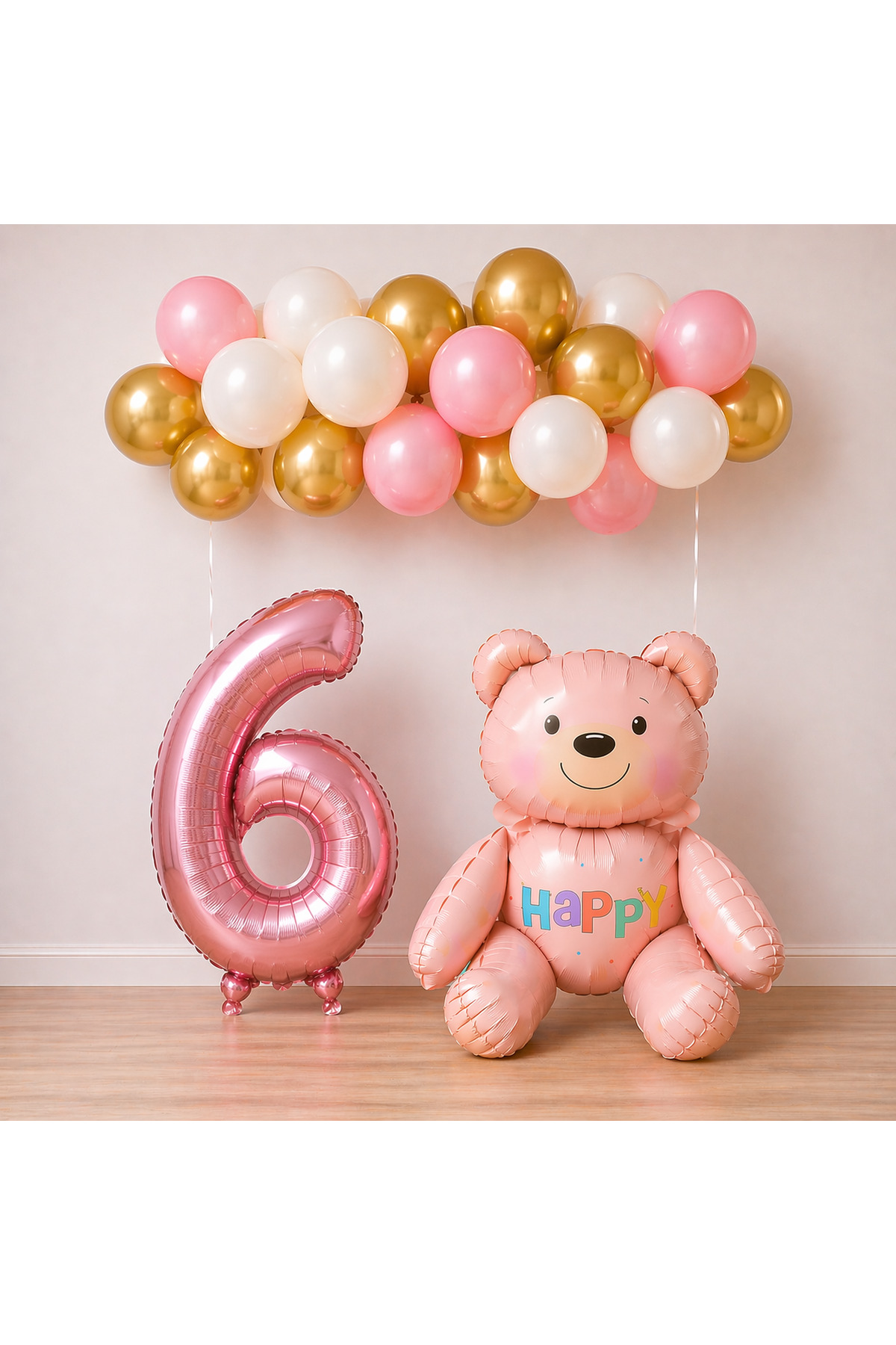 6 Yaş Pembe Ayıcık Temalı Doğum Günü Balon Seti Kız çocuğu