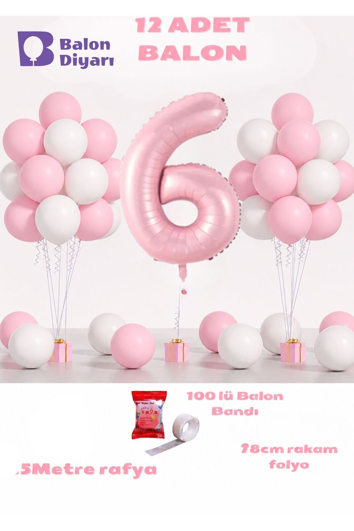 6 Yaş Pembe Doğum Günü Balon Seti 78cm balon bandı rafyası dahil