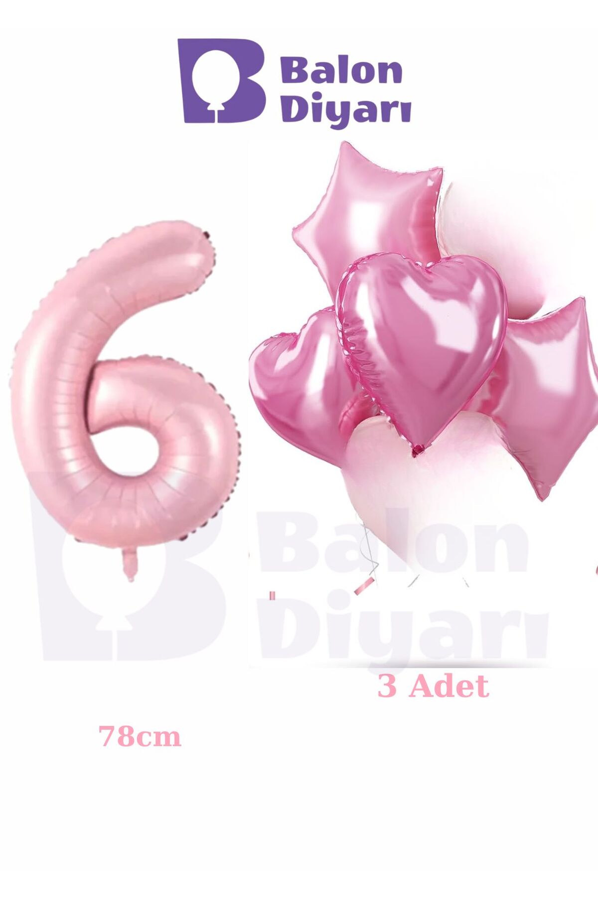6 yaş pembe kızlara özel doğum günü 3 adet kalp yıldız folyo balon seti