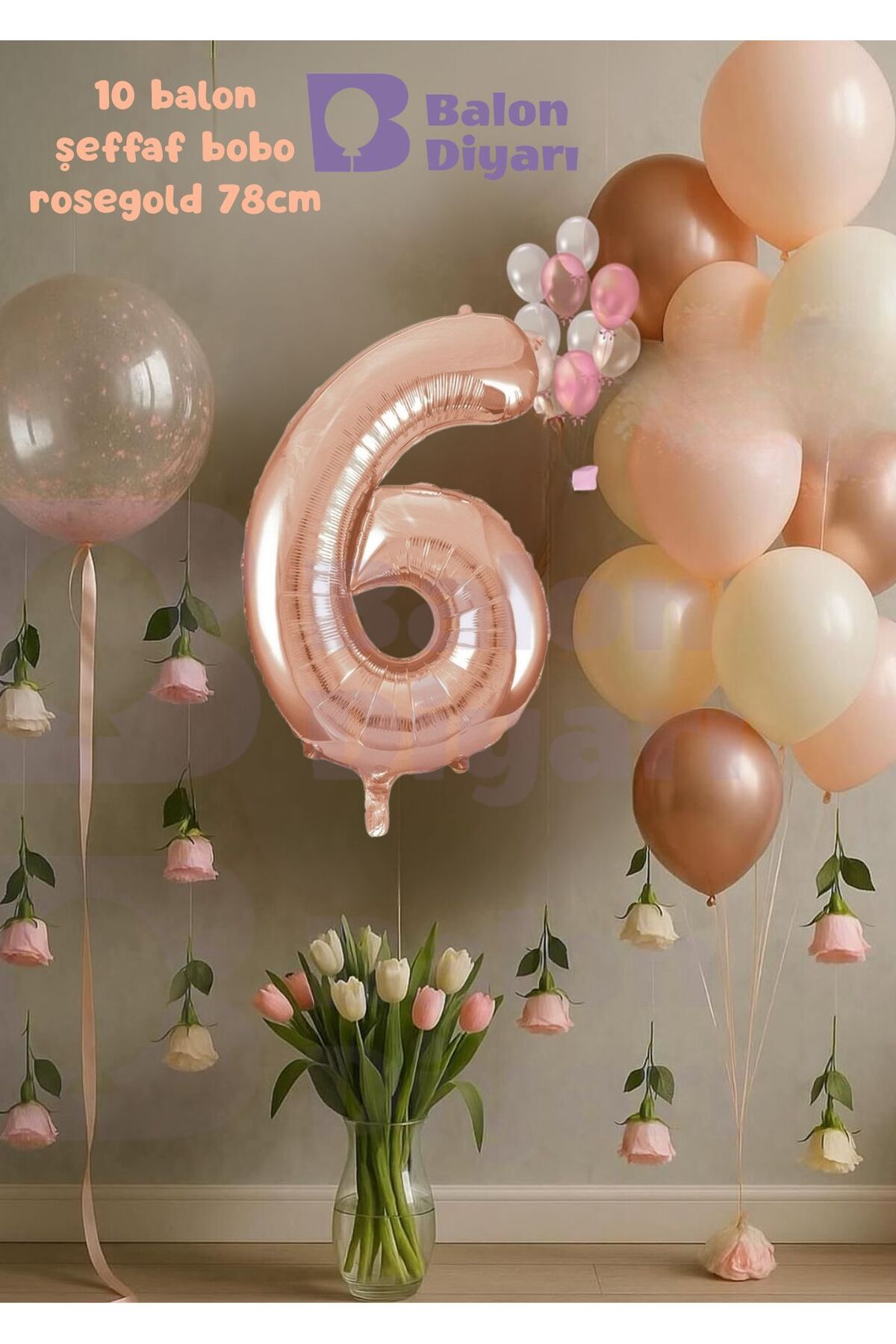 6 Yaş Rosegold Doğum Günü Seti Şeffaf Bobo hediyeli