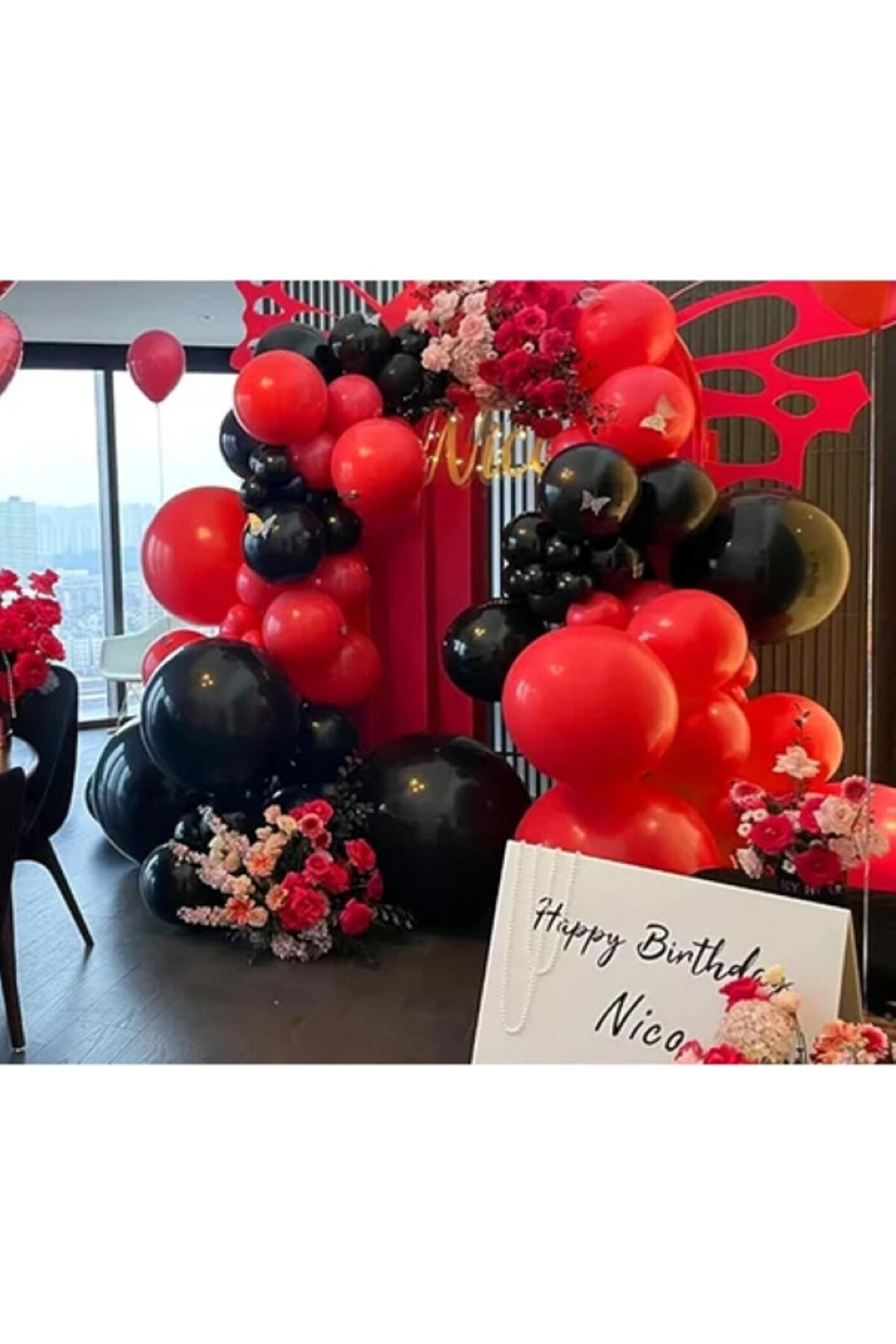 60 Adet Kırmızı Siyah + Balon Zinciri Metalik Parlak Balon Seti