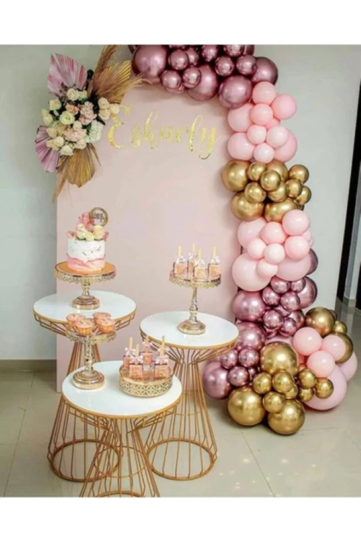 60 Adet Pastel Ve Krom Balon Zincir Seti (Açık Pembe, Krom Pembe Ve Krom Gold)