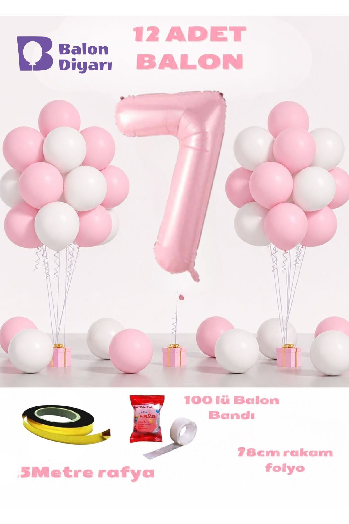 7 Yaş Pembe Doğum Günü Balon Seti 78cm balon bandı rafyası dahil